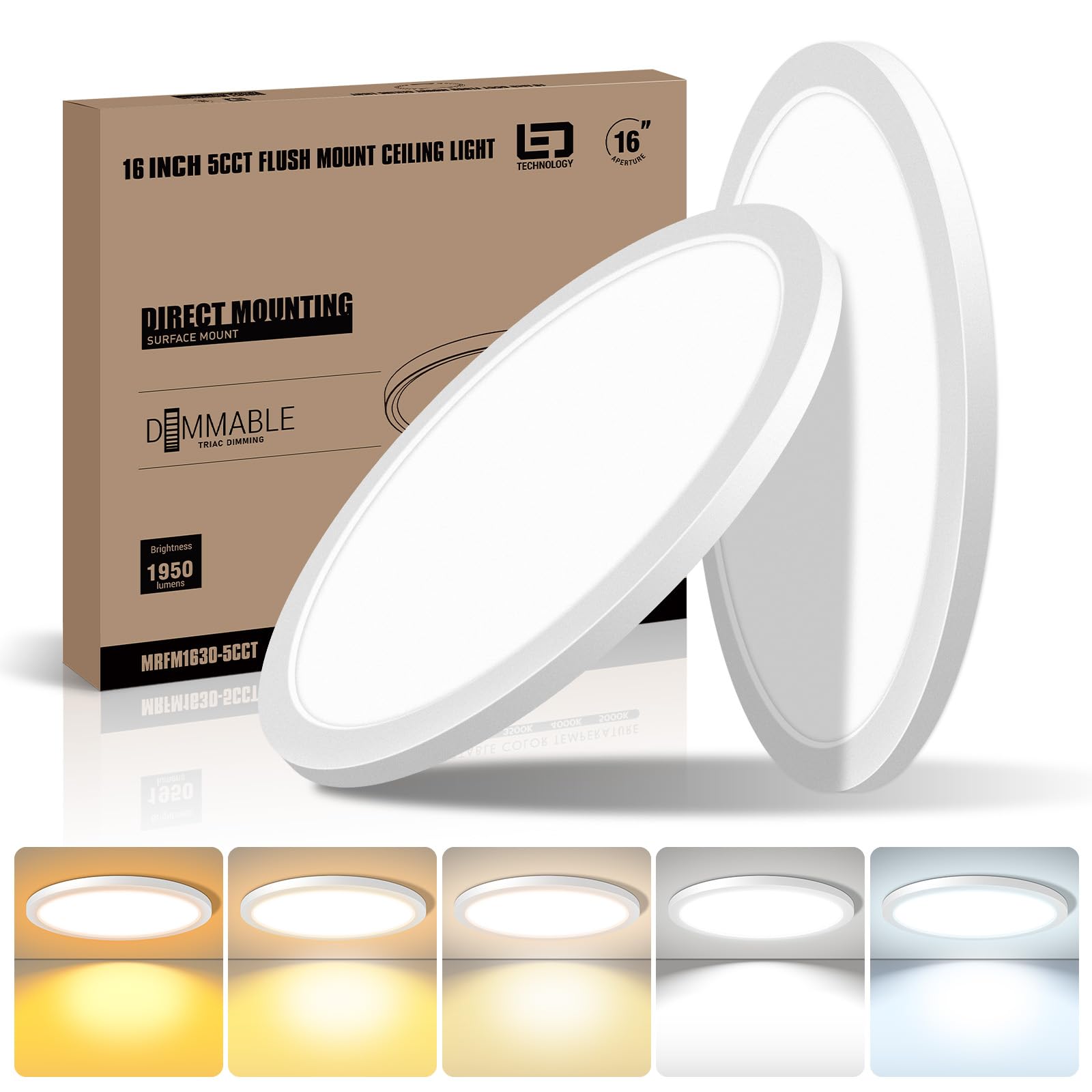 Mw 2 Pack 16 Inch Flush Mount Ceiling Light, 30W, 120V, 5Cct 2700K/3000K/3500K/4000K/5000K, Dimmable Ultra Slim Modern Led Ceili