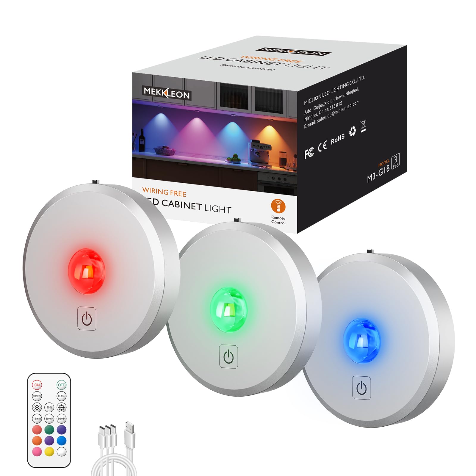 MICLIONLED RGB Puck Lights - 3 Pack, Rechargeable, Remote Control, 2000mAh, Magnetic, Silver, Model M3-GB18
