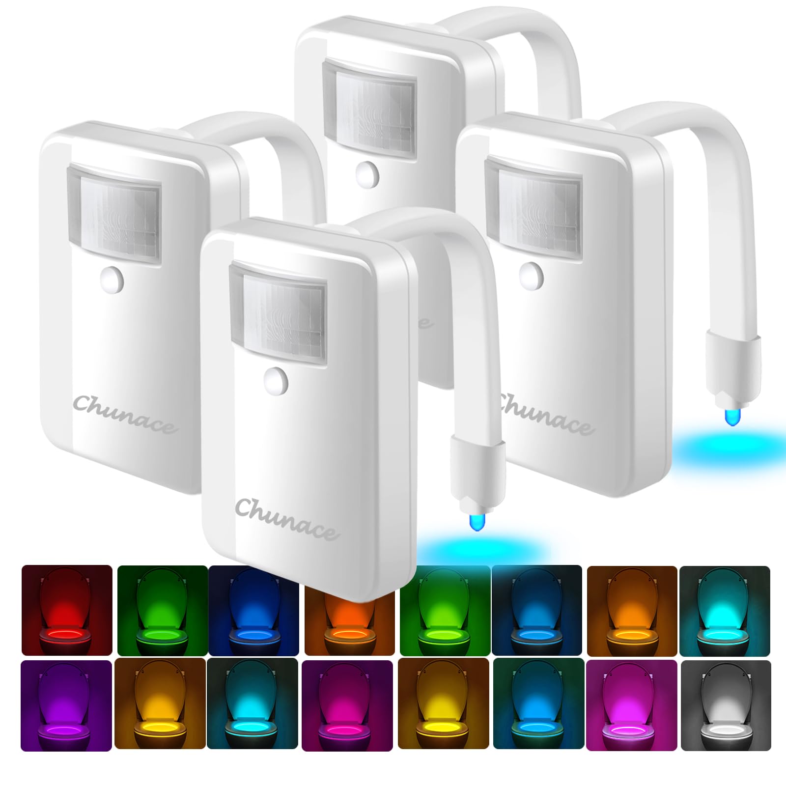 Chunace 4 Pack Toilet Night Light with Motion Activated Sensor, 16 Colors LED Nightlight Inside Bowl, Cool Stuff for Bathroom De