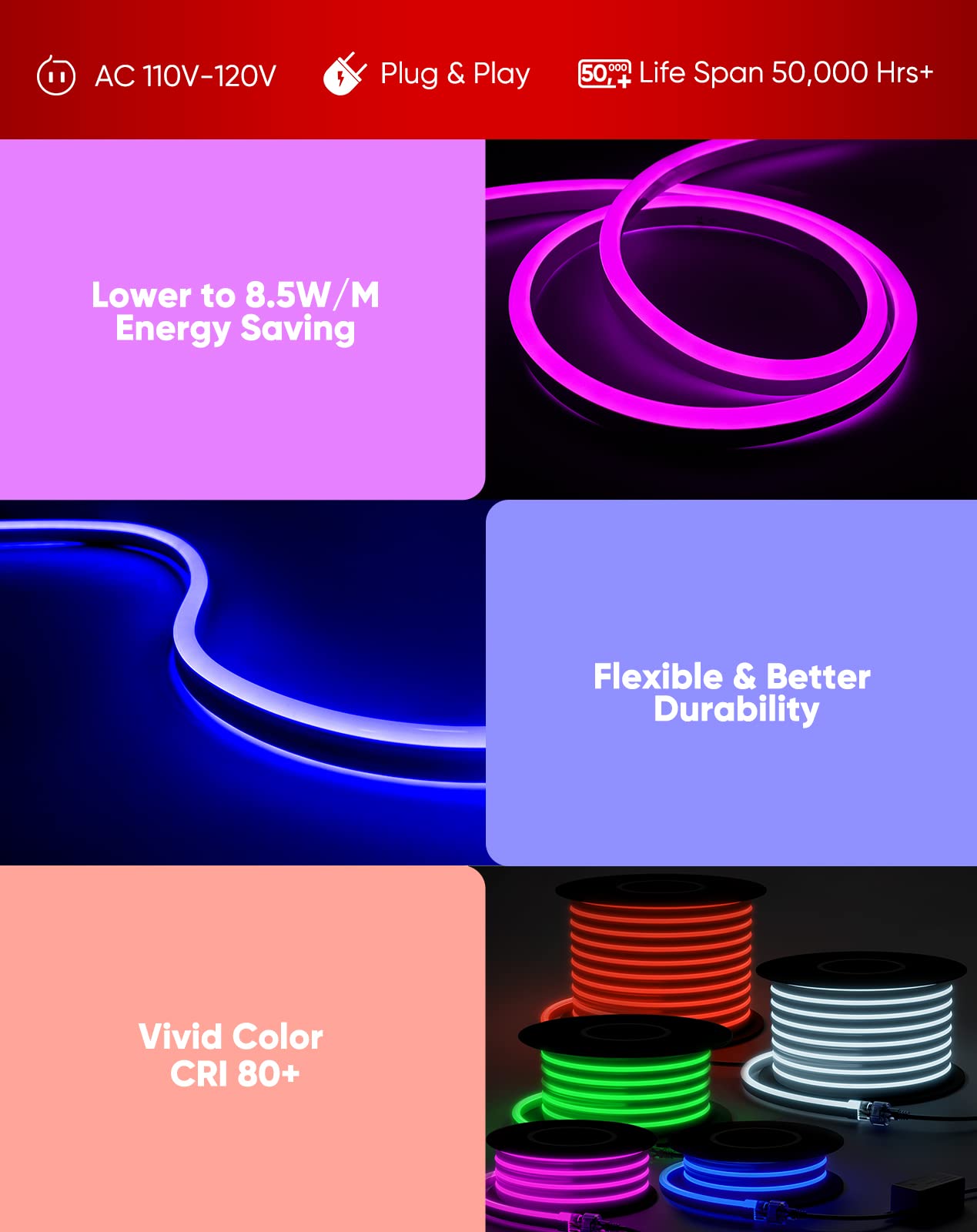 Shine Decor LED RGB Neon Rope Lights, 82FT Expandable & Cuttable, Dimmable, ETL Cold-Resistant, IP65 Waterproof, Copper Material