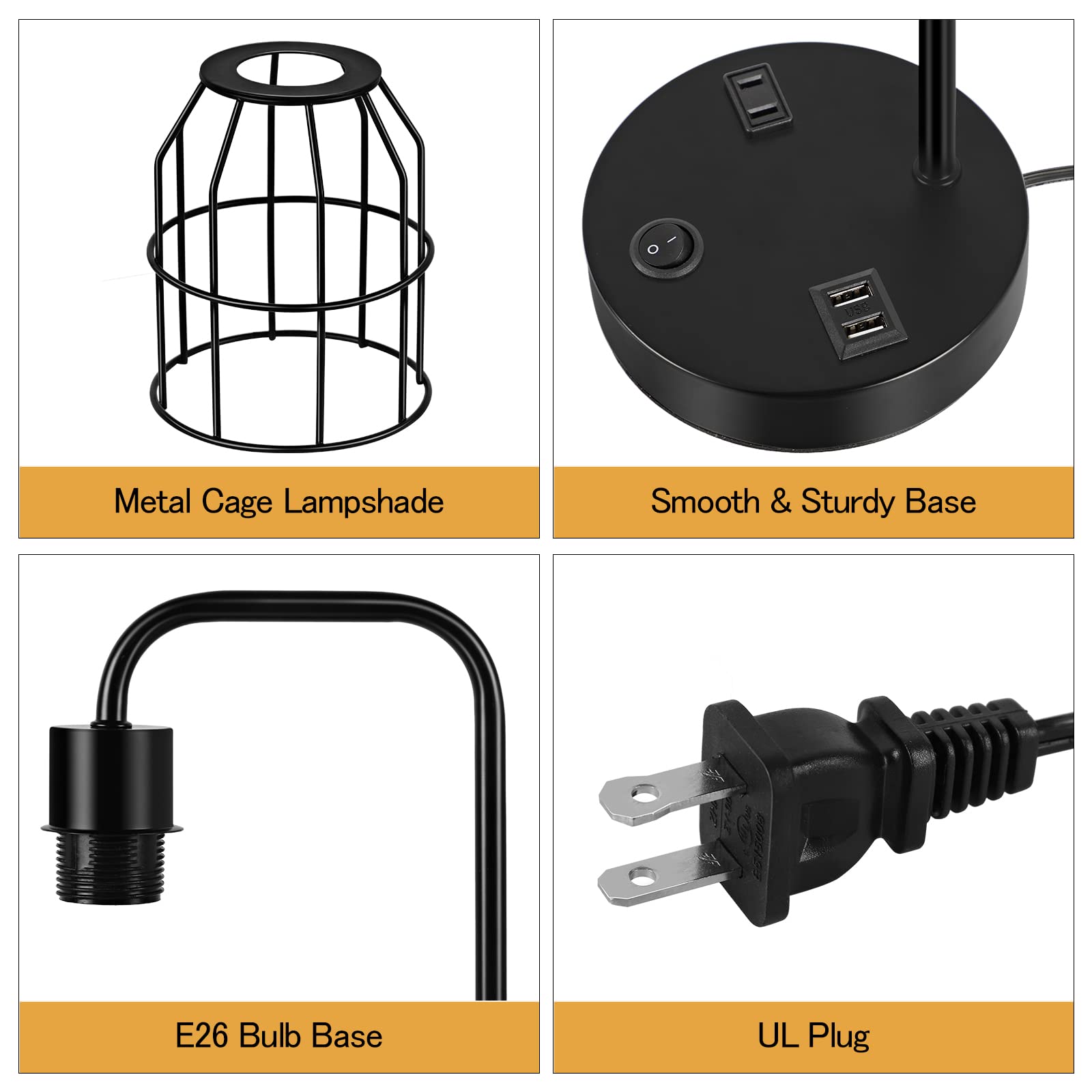 BTY Industrial Table Lamp Set of 2 with USB Charging Ports, Metal Wire Cage, Black, CAGE 3, for Bedroom Living Room