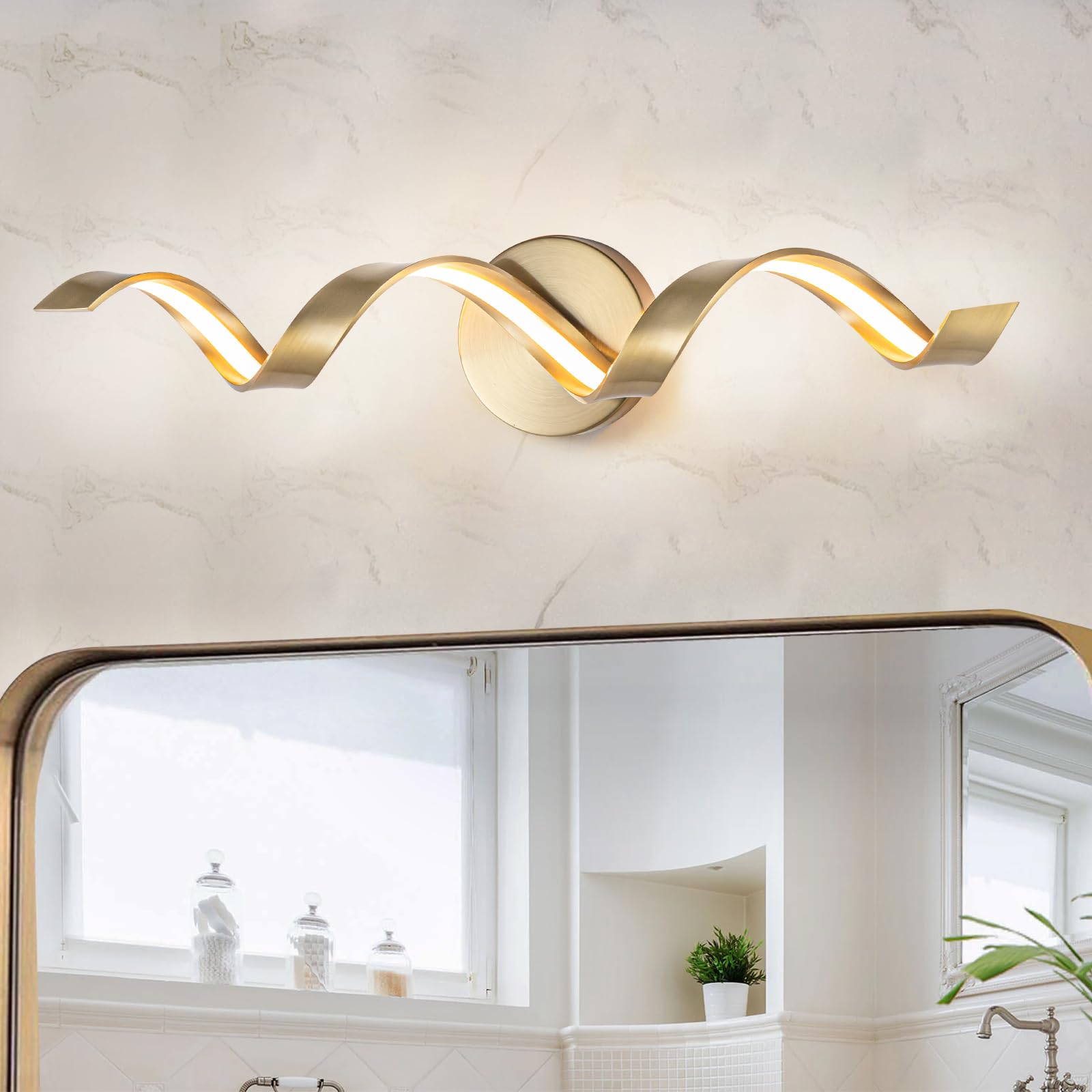 Huoku 24" Dimmable Gold Led Bathroom Light, Modern Spiral Vanity Fixture, 15W Warm Light