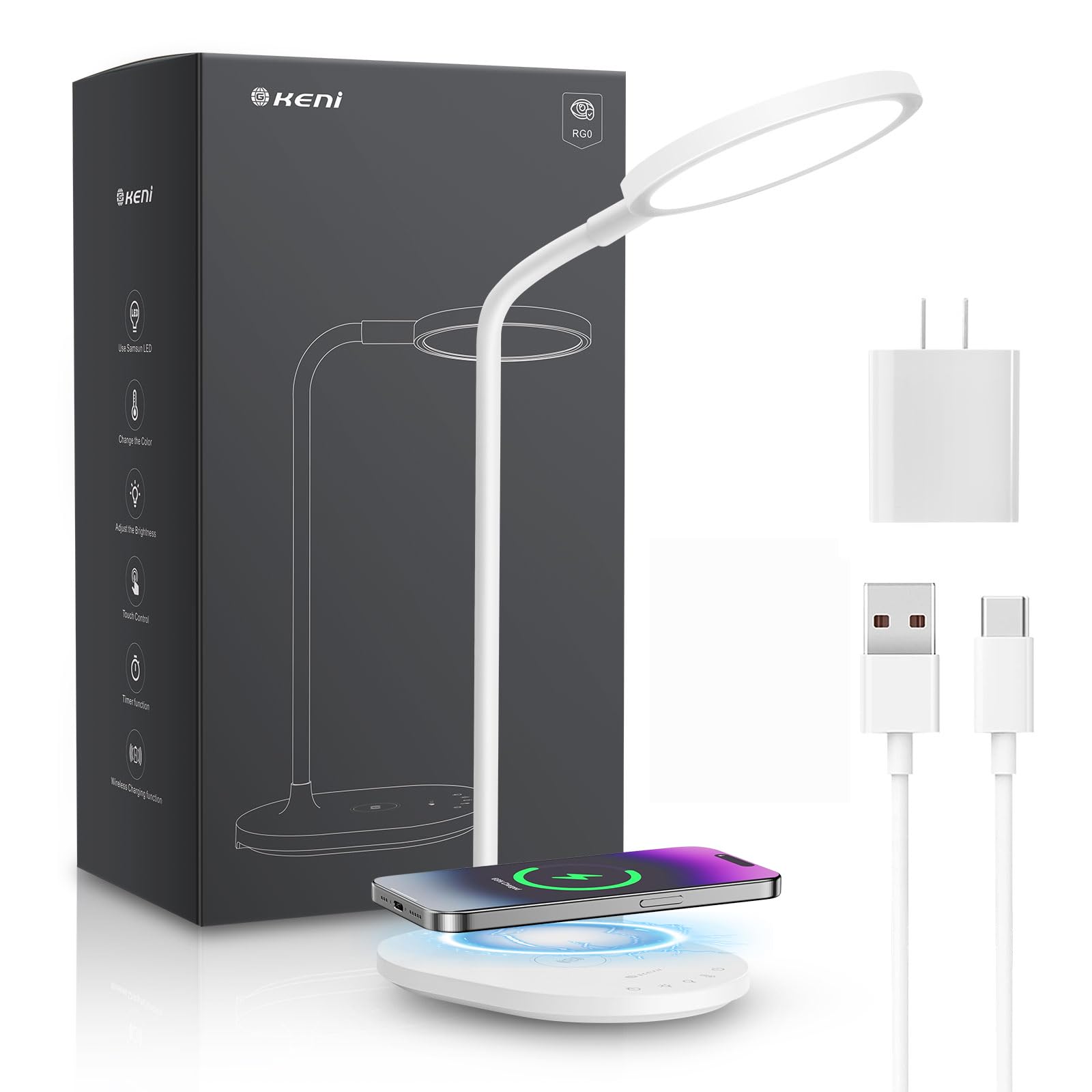 G Keni Ultra Bright Cordless Desk Lamp With Wireless Charger For Home Office Dorm, 4000Mah Dimmable Bedside Reading Desk Lamp Wi