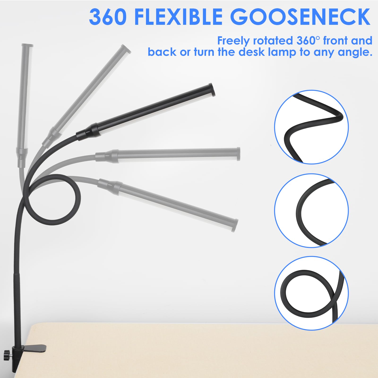 Shinetech Led Desk Lamp With Clamp, 5000K Daylight White 11 Brightness Level Eye-Caring Clip Lights For Home Office, Flexible Go