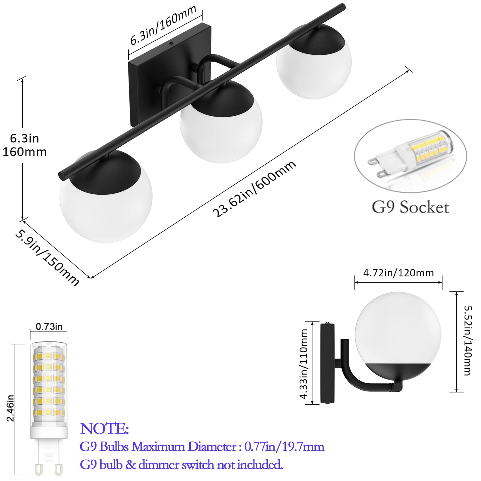 Ralbay 3-Light Bathroom Vanity Lights, Matte Black Metal with Milky Glass, Model 1167