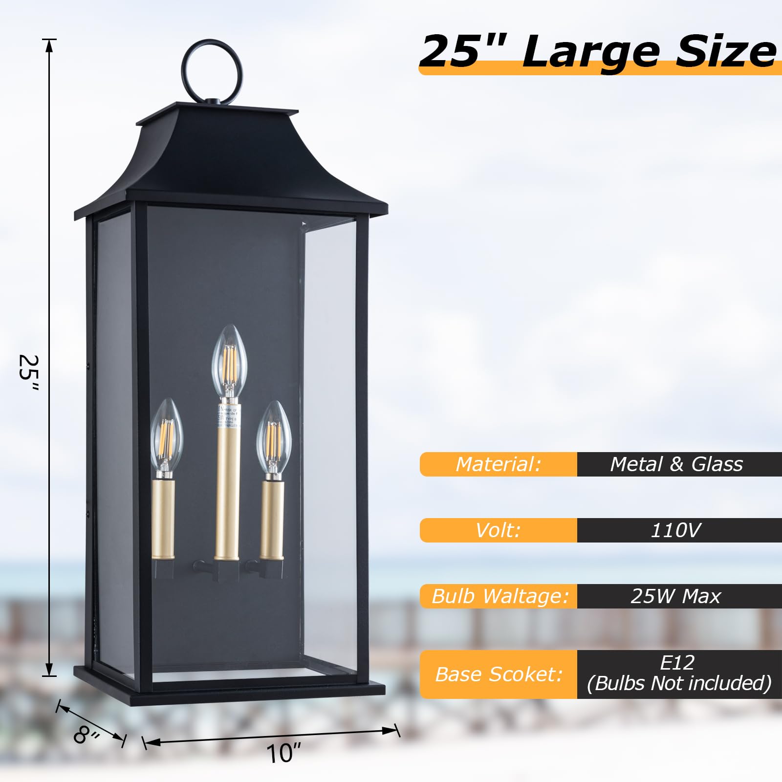Lawyettle Dusk To Dawn Outdoor Wall Light 3-Light, 25'' Large Outdoor Light Fixture, Black Exterior Wall Lantern, Waterproof Out