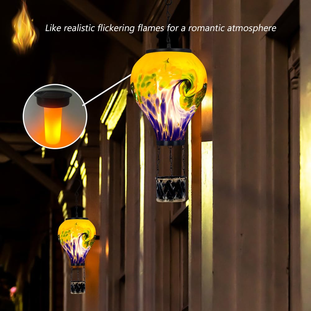 Giole Tie-Dye Style Solar Hot Air Balloon Outdoor Lantern With Flickering Flame, Waterproof Hanging Outdoor Lantern Decorative G