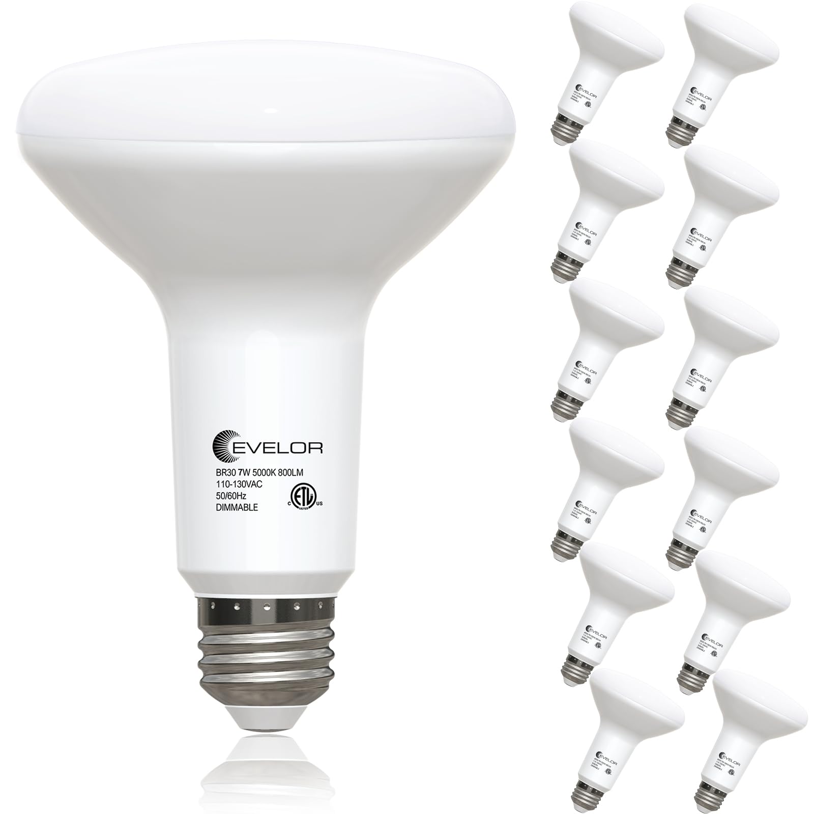 evelor 12 Pack BR30 Flood LED Light Bulbs 65W Equivalent, 7W Energy Efficient, Dimmable 800LM Bulbs 2700K Warm White, E26 Base f