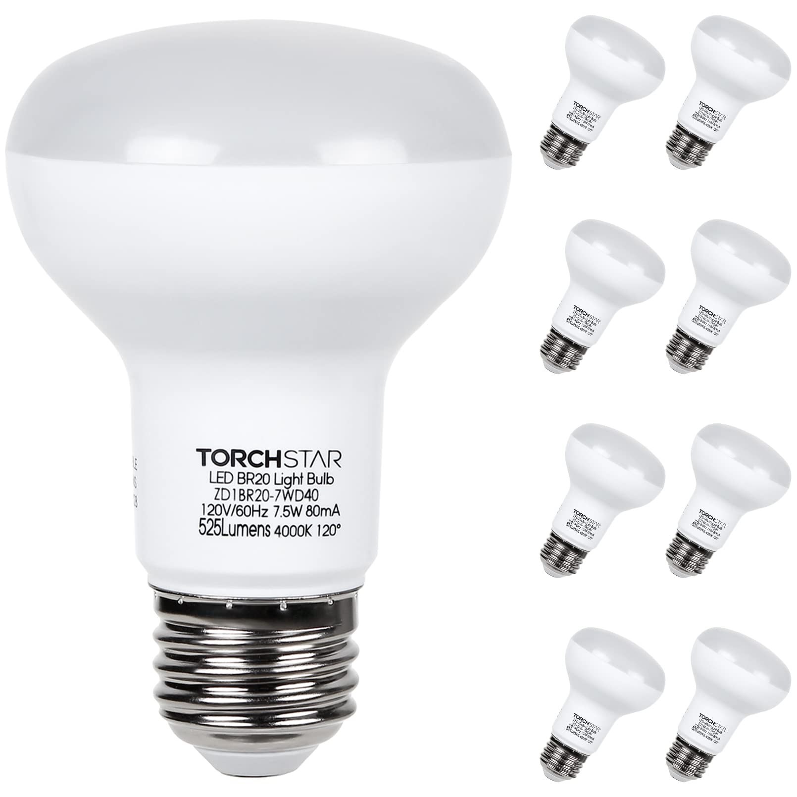 TORCHSTAR BR20 LED Bulbs 8-Pack, Dimmable 7.5W (50W Eqv), Cool White 4000K, E26 Medium Base, Model 647
