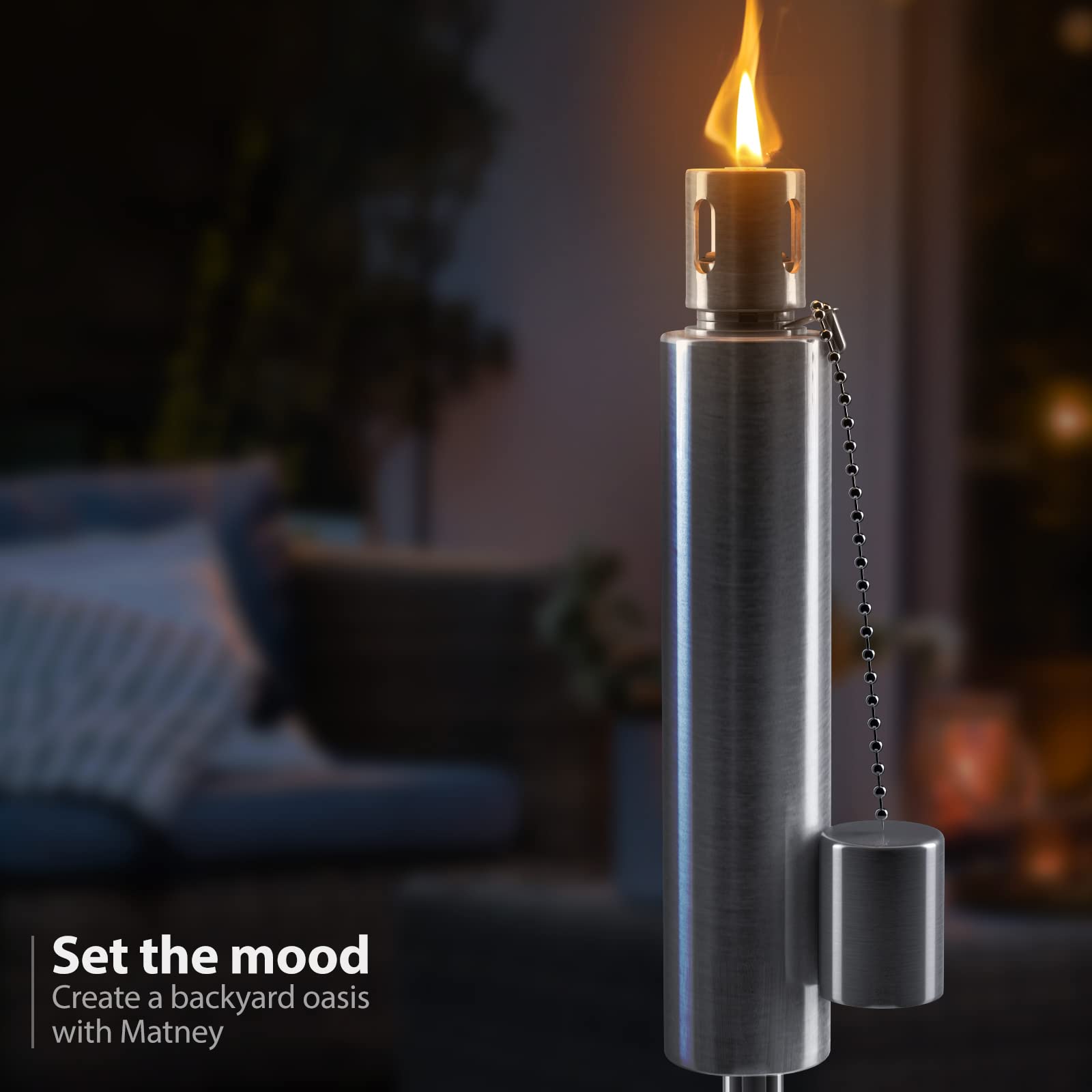 Matney Stainless Steel Outdoor Torches - Set of 2, 5 ft Oil Lamp with Fiberglass Wick & Snuffer Cap, Decorative Garden Lights