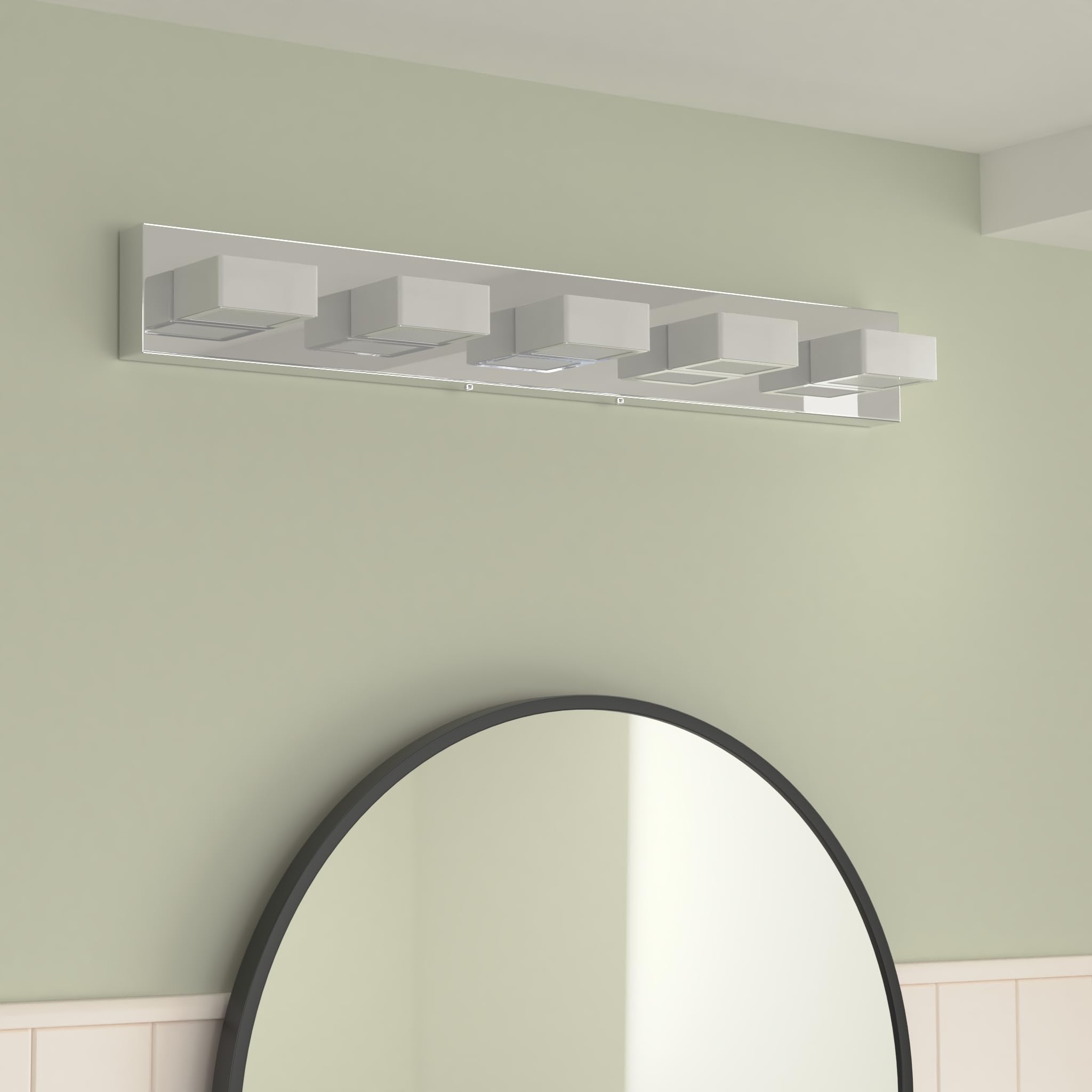 Ralbay Modern LED Bathroom Vanity Light Fixture, 5-Light, Dimmable, Stainless Steel Chrome, Model 8590-5T