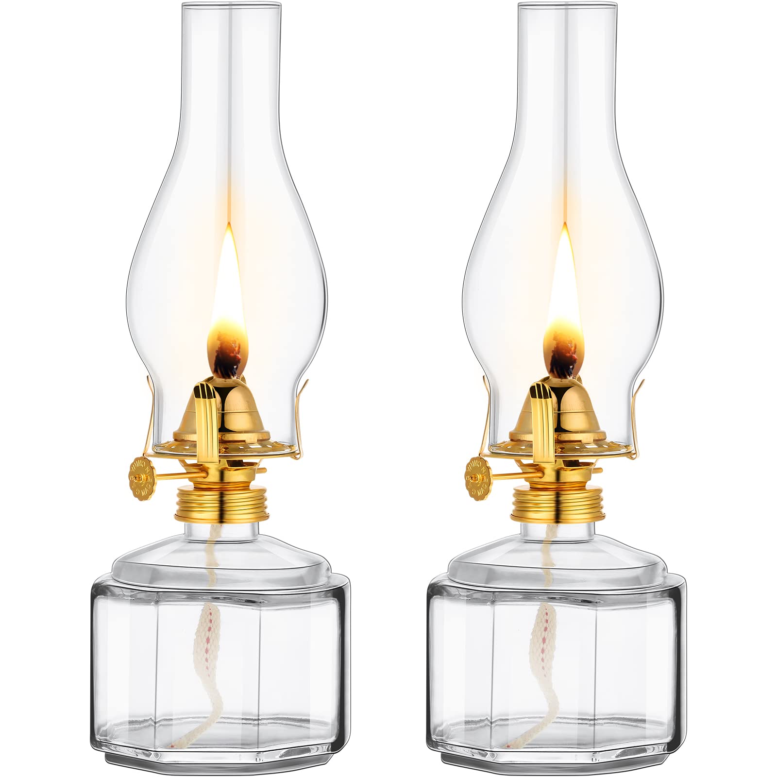Tuanse 2 Pieces Chamber Oil Lamp Classic Kerosene Lantern Vintage Oil Lamp for Indoor Use,Decorative Hurricane Lantern with Adjustable Fire Wick for Home Tabletop Decor,13 Inch Height(Clear, Gold)