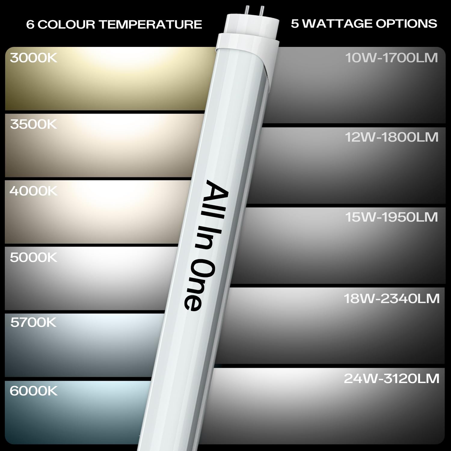BESTDLCLITE T8 LED Tube Light Bulbs 4ft, 10W-24W, 6CCT, Durable Type A+B, White, 6 Pack, Model T84