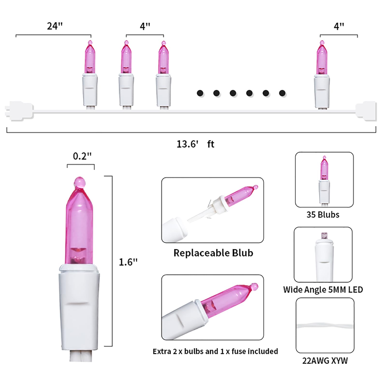 Multi-Sparking Pink Christmas Lights (11 Feet, 35 Count) - Mini Pink Christmas Tree Lights White Wire, Led Christmas Lights For Valentines Day Outdoor Christmas Decorations