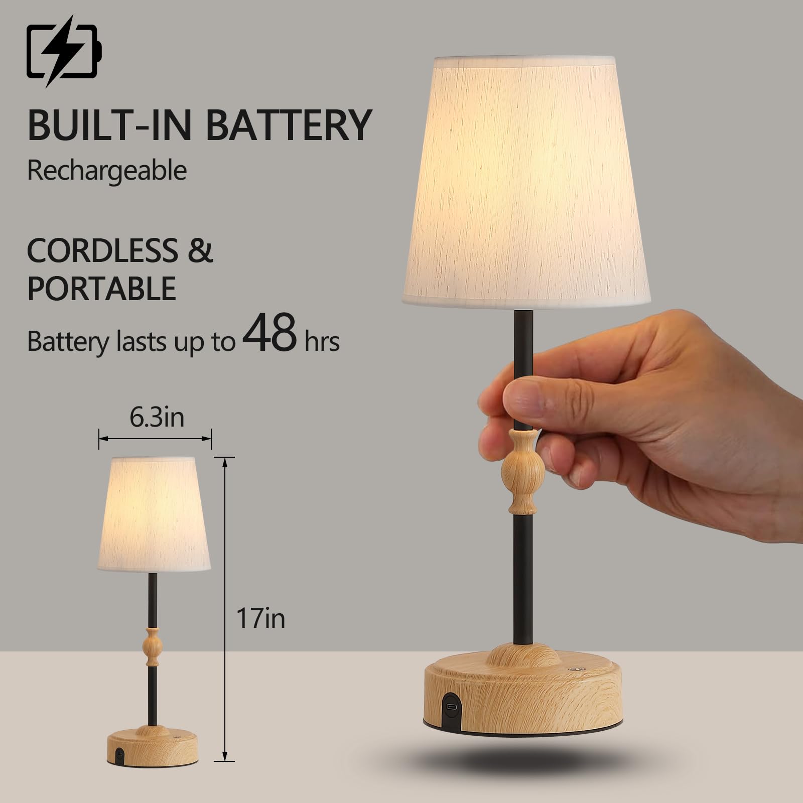 MEIXISUE Cordless Rechargeable Table Lamp, Touch Dimmable, Battery Operated, USB Port, Wood Grain, Model T2501A