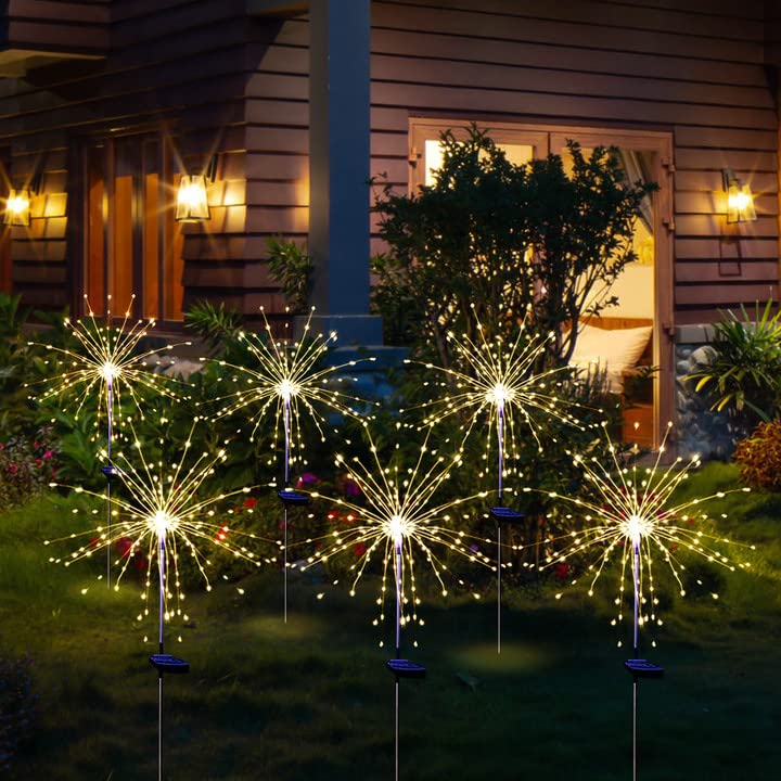 SolarEra Solar Garden Firework Lights, 120 LED Waterproof Art Stakes, 6 Pack, Warm White, Rubber, Outdoor Decor