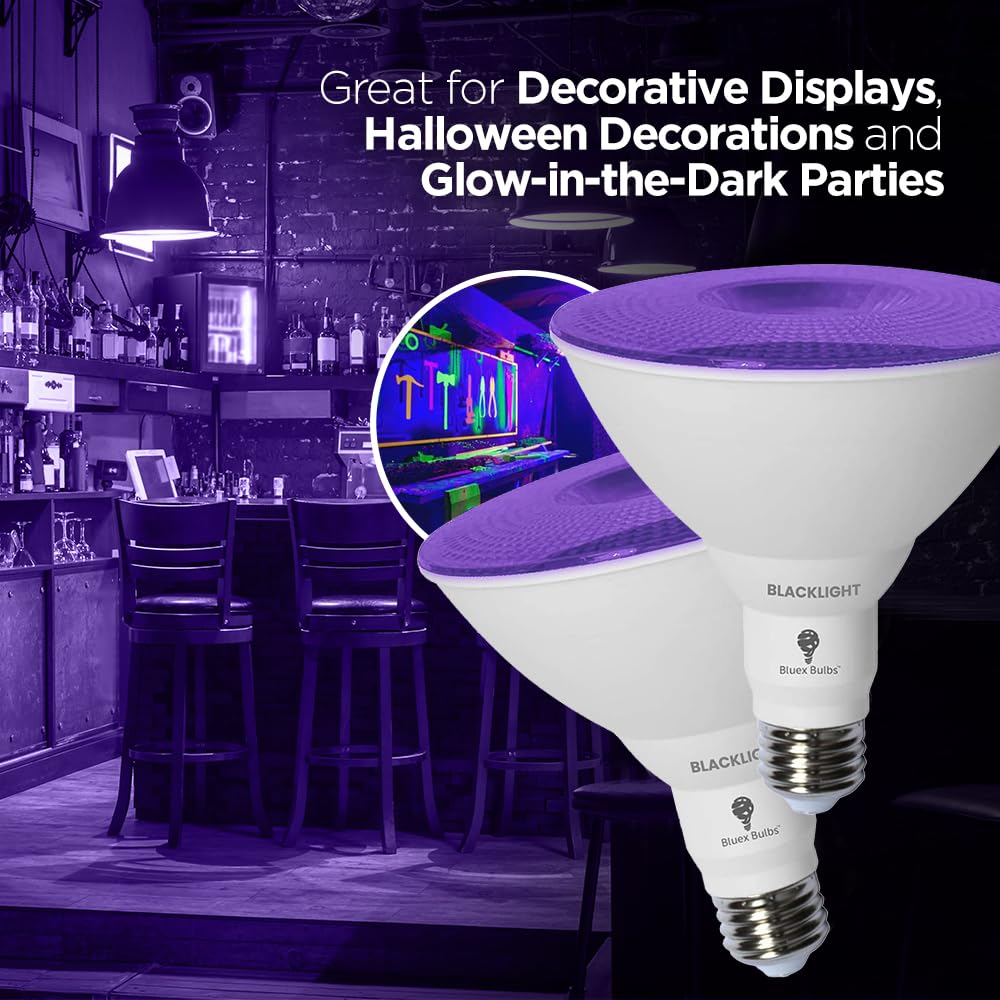 Bluex Bulbs PAR38 LED Black Light Bulb, 20W Equivalent, 2 Pack, Blacklight, Ideal for Halloween and Glow Parties