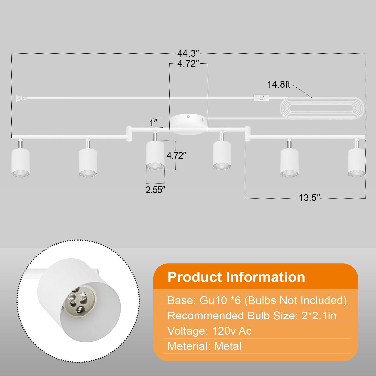 Track Lighting Plug In  Led Track Lighting Fixtures Ceiling Kit  White 6-Light Ceiling Light Plug-In  Wall Light With 14.8Ft Power Cord  Rotatable Kitchen Spotlight For Bedroom(Gu10 Socket  No Bulb)