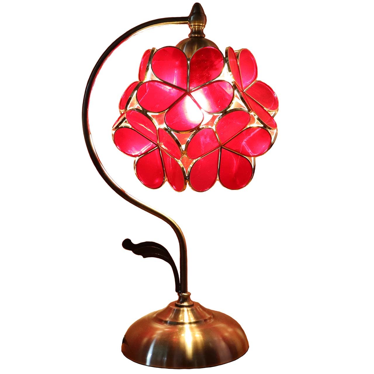 Bieye Tiffany Style Stained Glass Flower Petal Table Lamp, 8in Cherry Blossom, Red, Model PETALTABLE, Brass Base for Home Décor