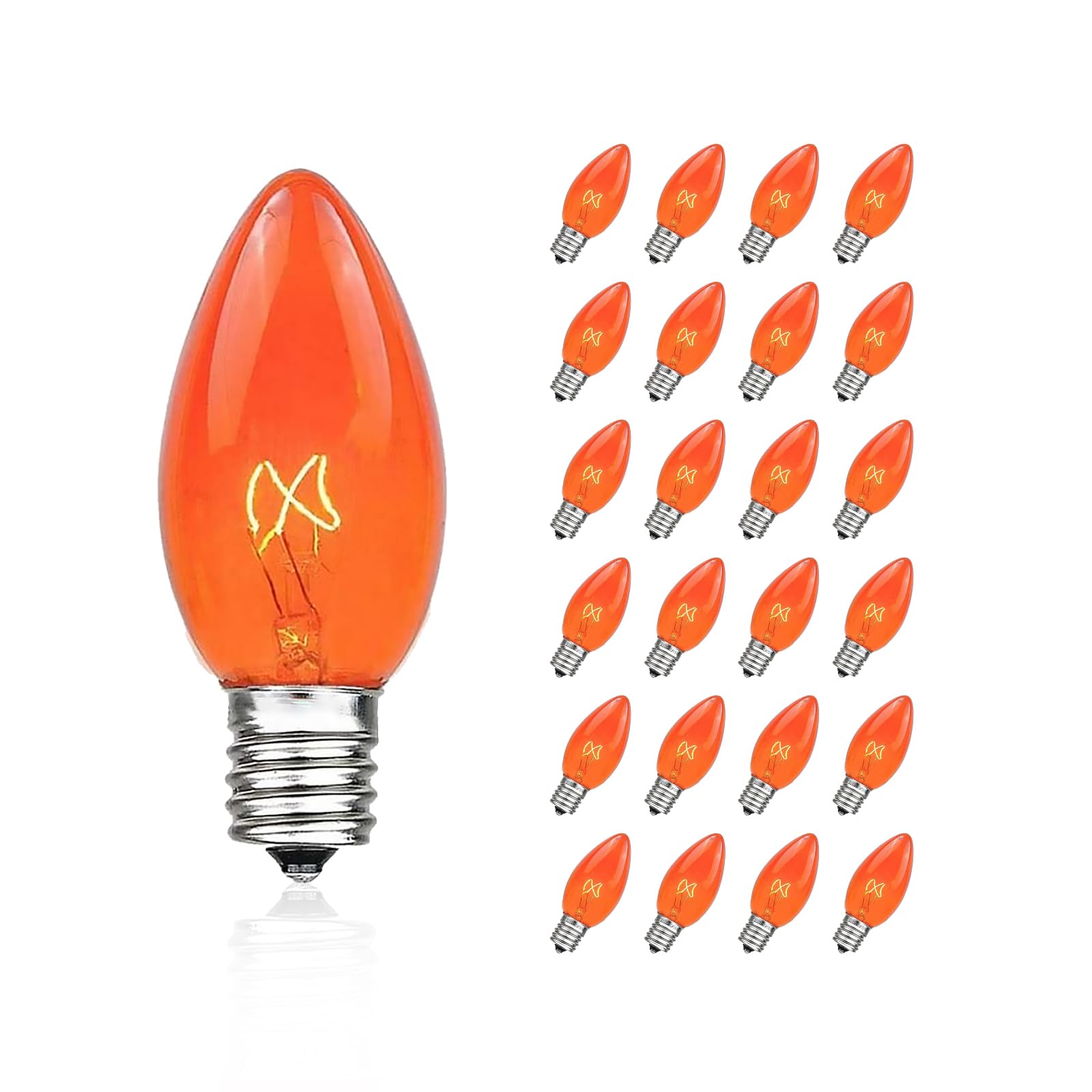 Chysuper 25 Pack C7 Replacement Bulbs, Orange Christmas Lights, E12 Candelabra Base, 5W Incandescent Bulbs For Outdoor String Li