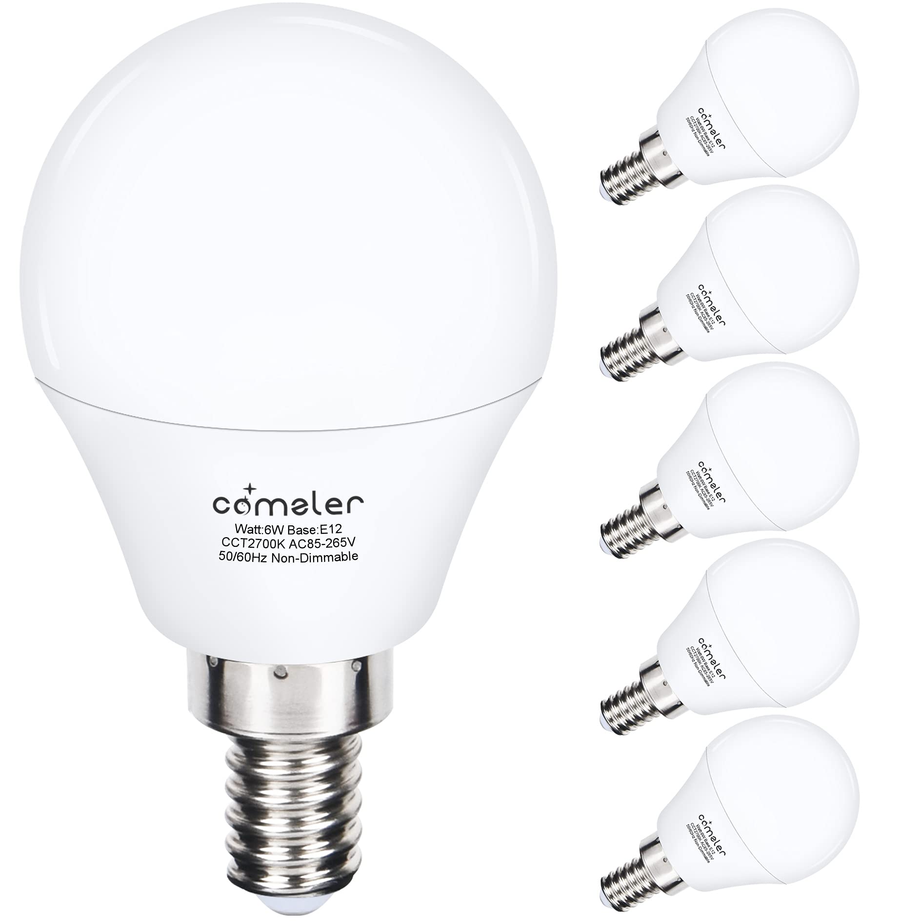 Comzler A15 Led Bulbs 60W Equivalent, Warm White 2700K,E12 Small Base Led Round Light Bulb For Ceiling Fan, No Dimmable,6 Pack