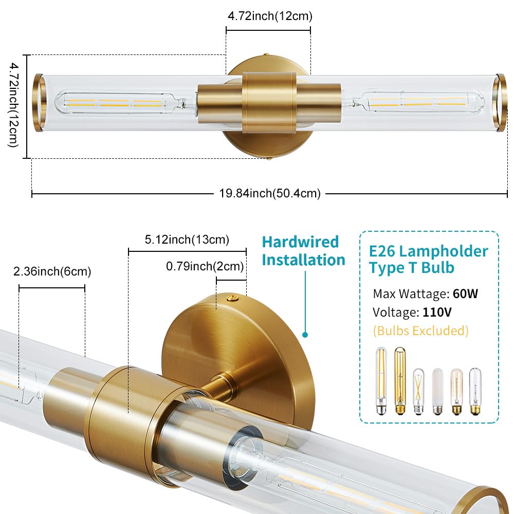 Vaziden Gold Wall Sconce, Bathroom Light Fixtures In Clear Glass Indoor Wall Sconces, Modern Sconce Wall Lighting Up And Down Vanity Lights Fixtures For Bathroom,Living Room,Hallway, Kitchen