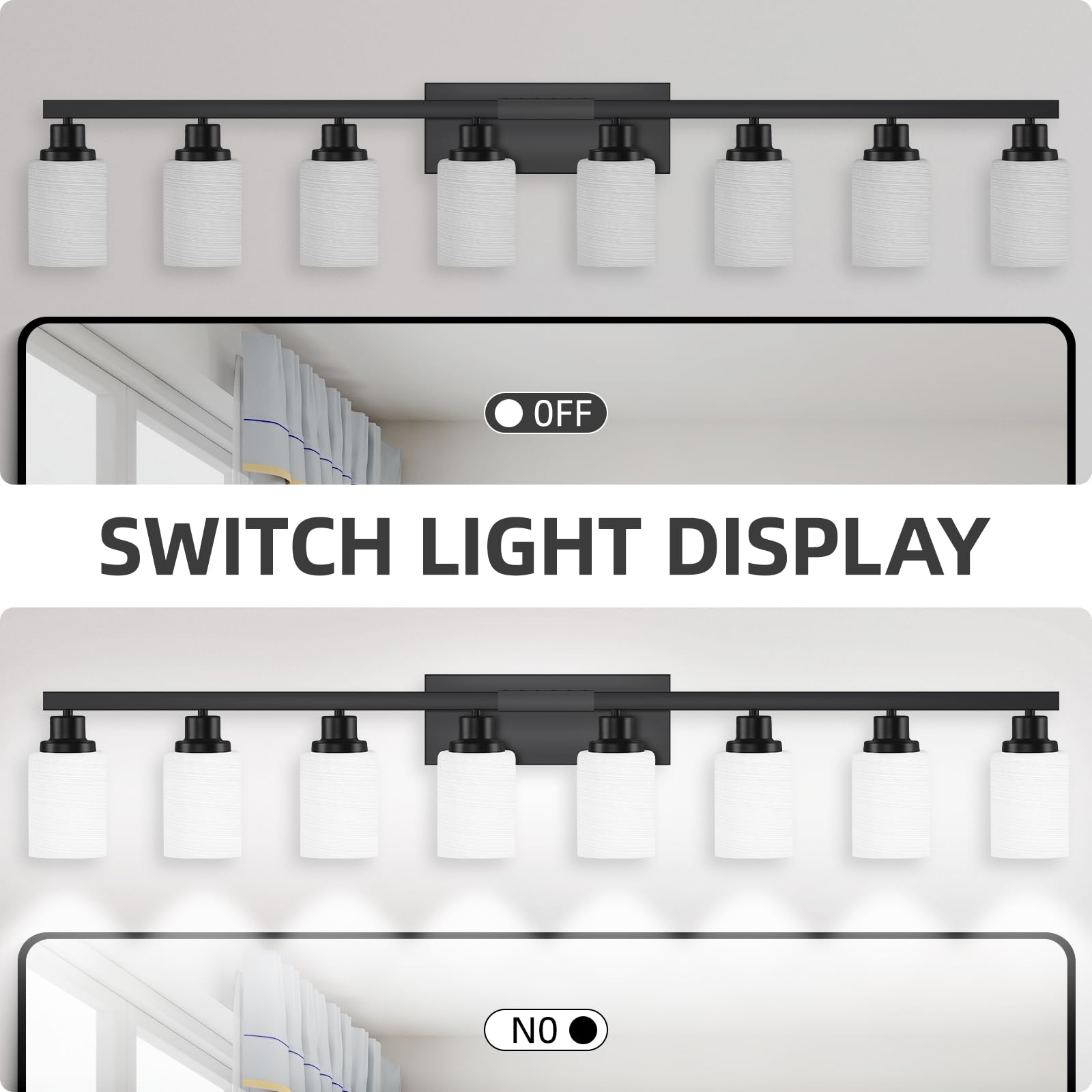 Dikaida 8-Light Bathroom Light Fixtures Over Mirror, 52Inch Modern Matte Black Vanity Lights With White Frosted Glass Shade, Bat
