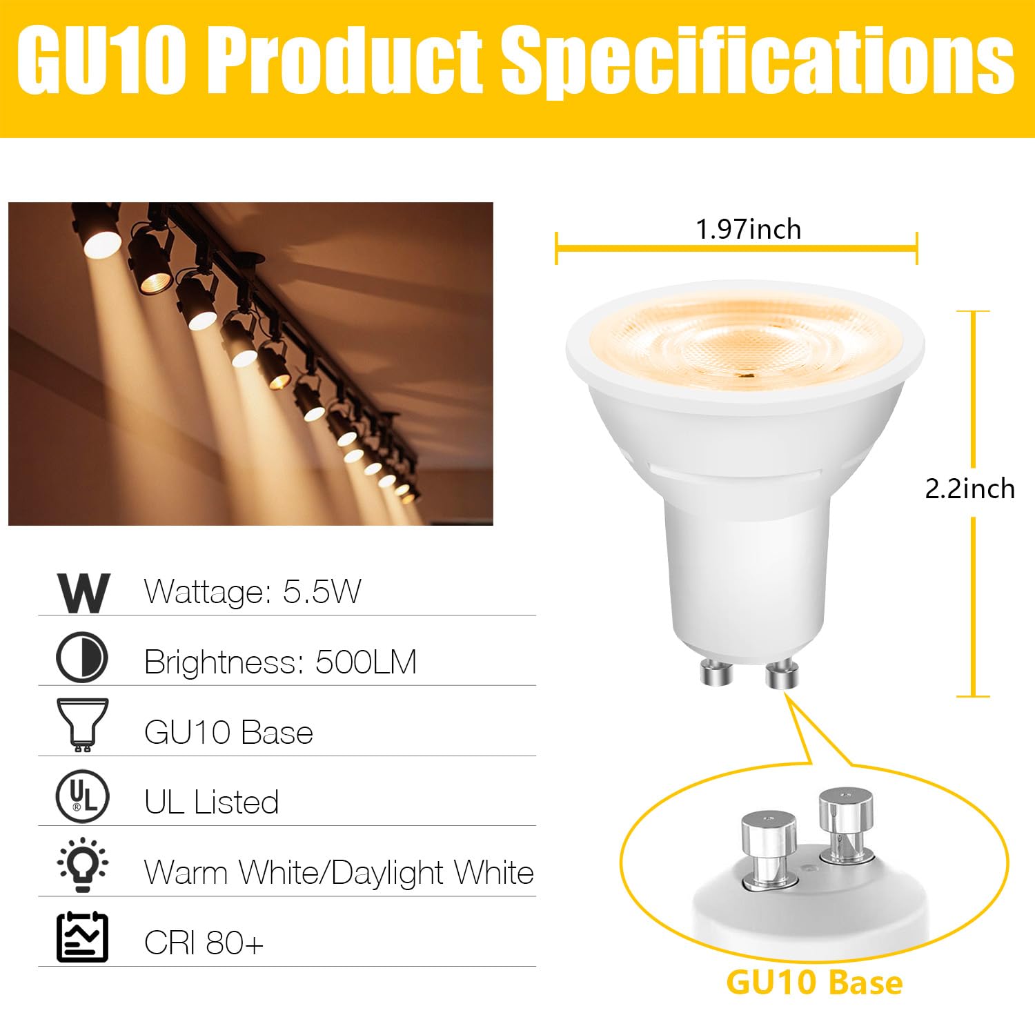 DAYBETTER GU10 LED Bulbs, 5.5W Equivalent, 500 LM, Dimmable, 2700K Warm White, 24 Pack, MR16 Replacement for Kitchen &