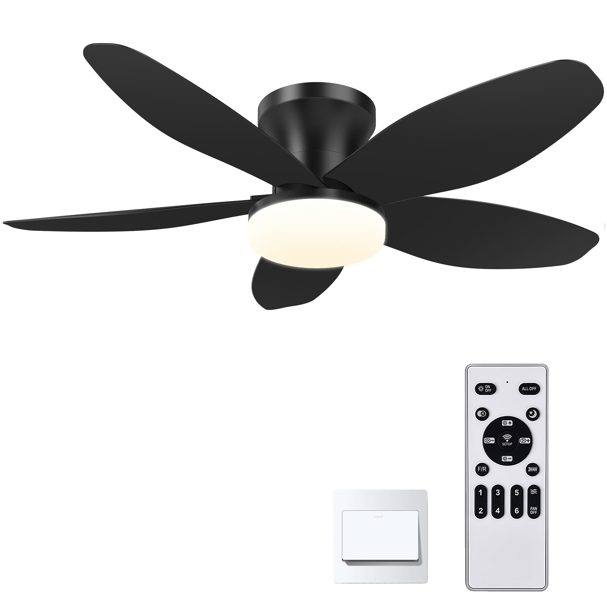 AYSEMO 42in Low Profile Ceiling Fan with Lights, Remote, 6-Speed DC Motor, Dimmable LED, Black
