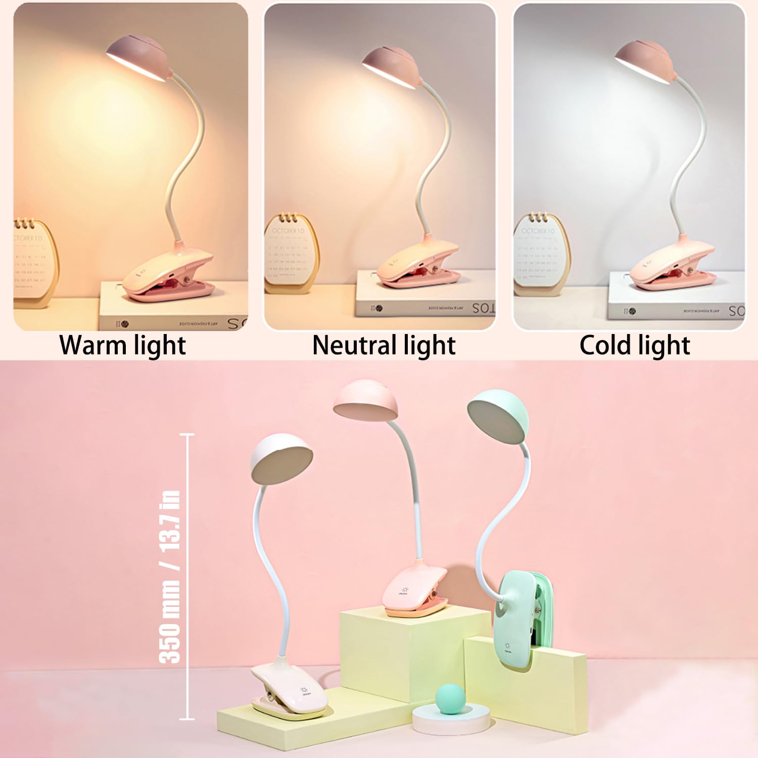 Cometmars Clip Book Lamp, Foldable Eye Caring Rechargeable Reading Light, Suitable For Reading, Working & Studying (Pink)