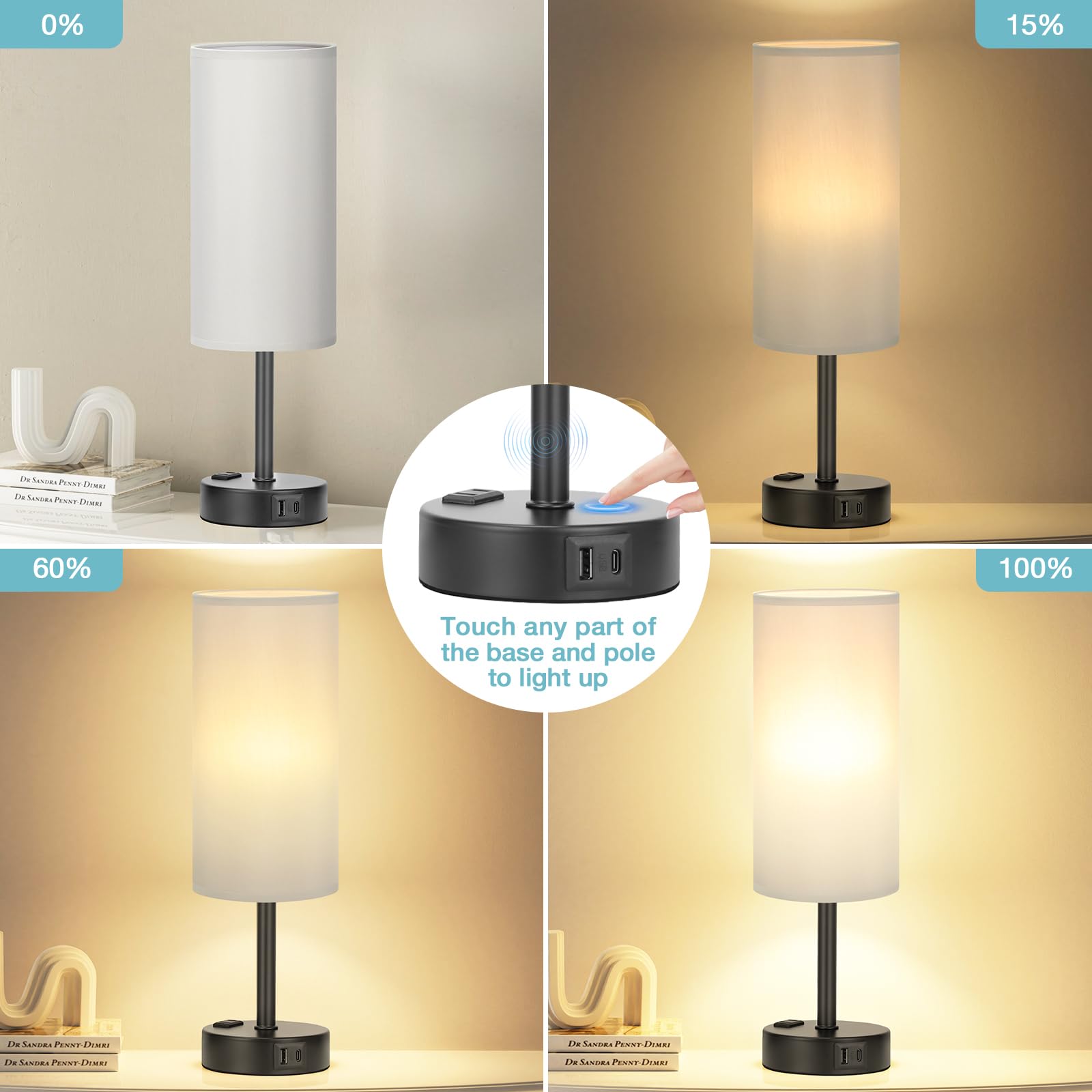 Fenmzee Grey Touch Bedside Lamp For Bedroom - 3 Way Dimmable Table Lamp Usb C Charging Ports And Ac Outlet, Small Desk Lamp For