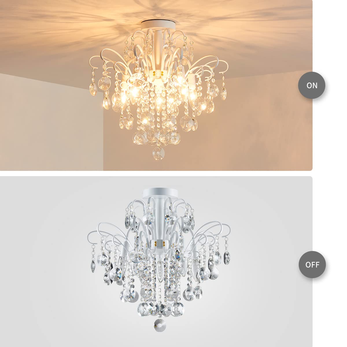 WUZUPS Crystal Chandelier Flushmount Ceiling Light, 17.5" H x 19.3" W, White Glass Fixture for Bedroom, Hallway, Bar, Kitchen, Bathroom - Model
