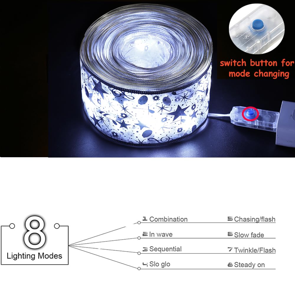 Gihoo Christmas Tree Decorations String Lights 32Ft 100 Led Lights Copper Wire Ribbon Bows Lights For Party Weddings Holiday Christmas Tree Decorations (Width 5Cm Silvery Cold Light)