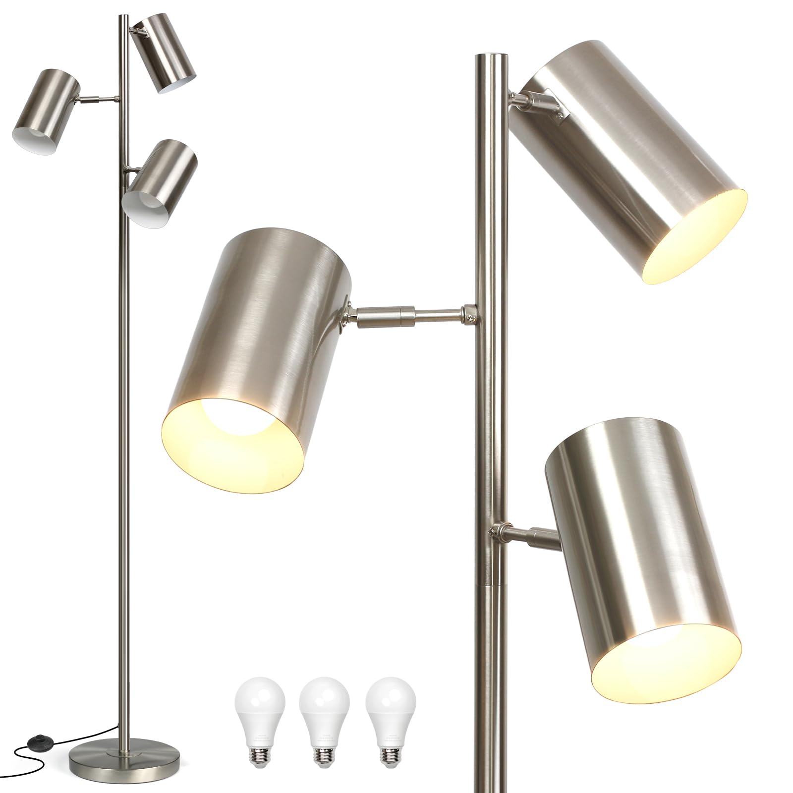 Tree Floor Lamp with 3 Light Bulbs,Nickel Standing Tall Pole Lamp with 3 Adjustable Rotating Lights,Farmhouse Floor Lamp for Liv