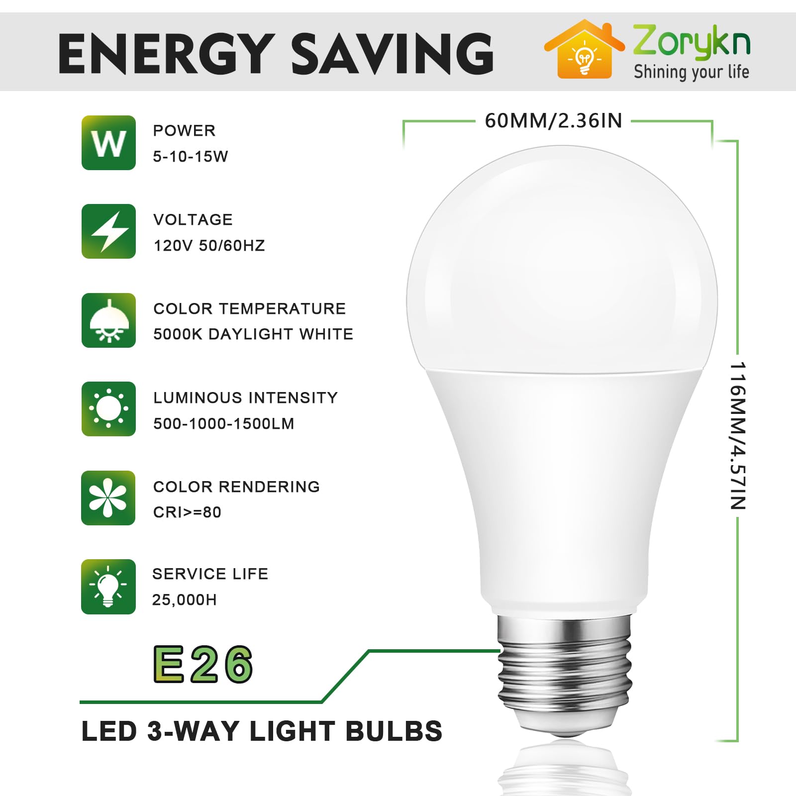 Zorykn 3 Way Light Bulbs 50 100 150 Warm White, A19 5000K, 5/10/15W Energy Saving 500 1000 1500 Lumens, E26 Base Led Bulbs Perfe