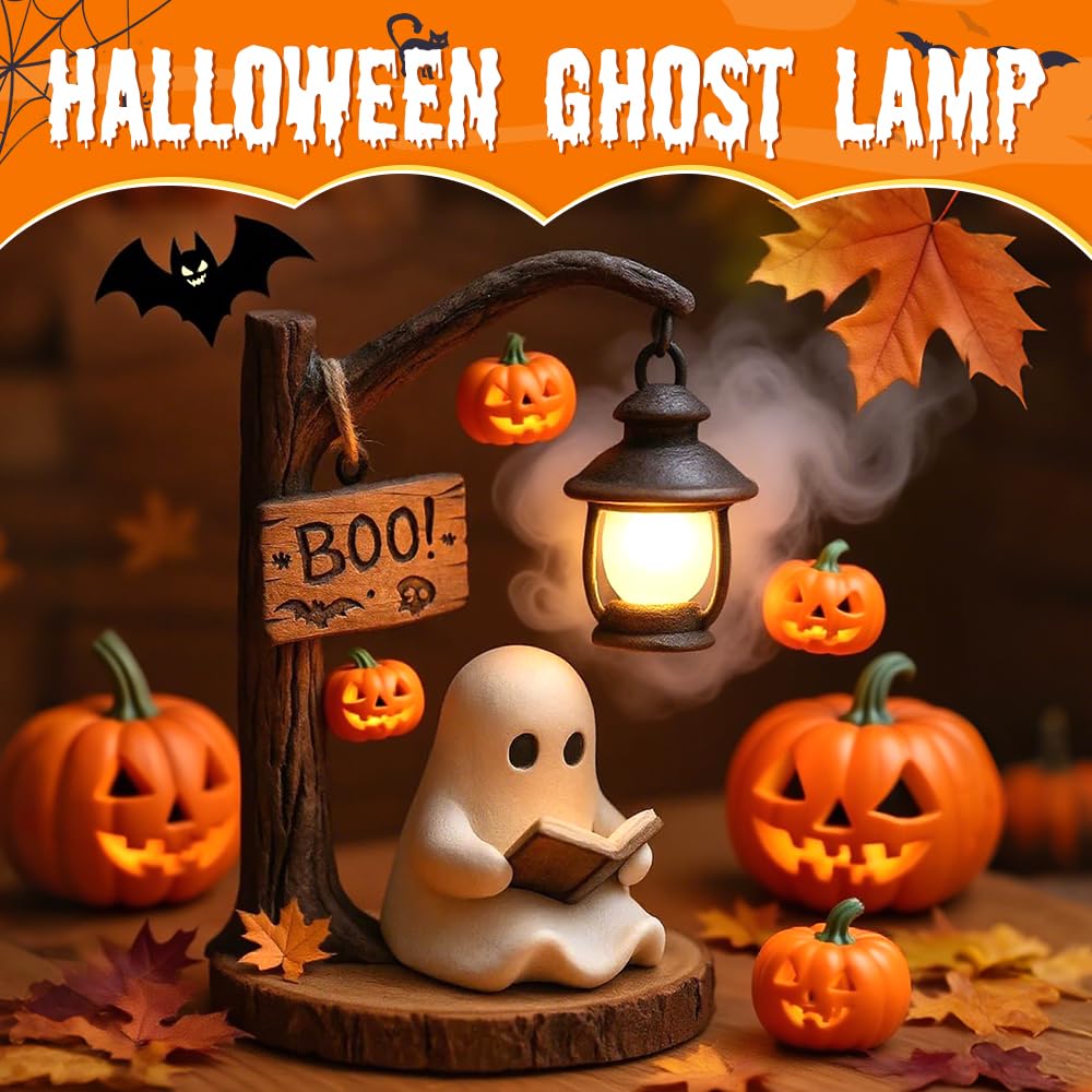 Ghost Reading Book Lamp, Cute 3D LED Night Light with Warm Glow - Resin Spooky Cute Ghost Lamp for Bedroom, Desk Home Decor, Gif