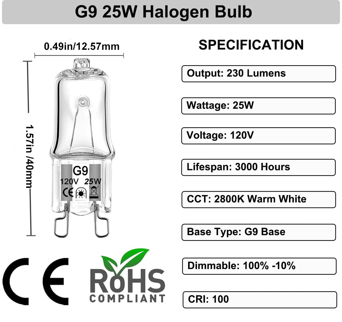 Vannise G9 Halogen Bulb 25 Watt-10 Pack Long Lasting G9 Bulb 25W 120V, Halogen Bulbs 2 Pin G9 Dimmable 2800K Warm White, High Ou