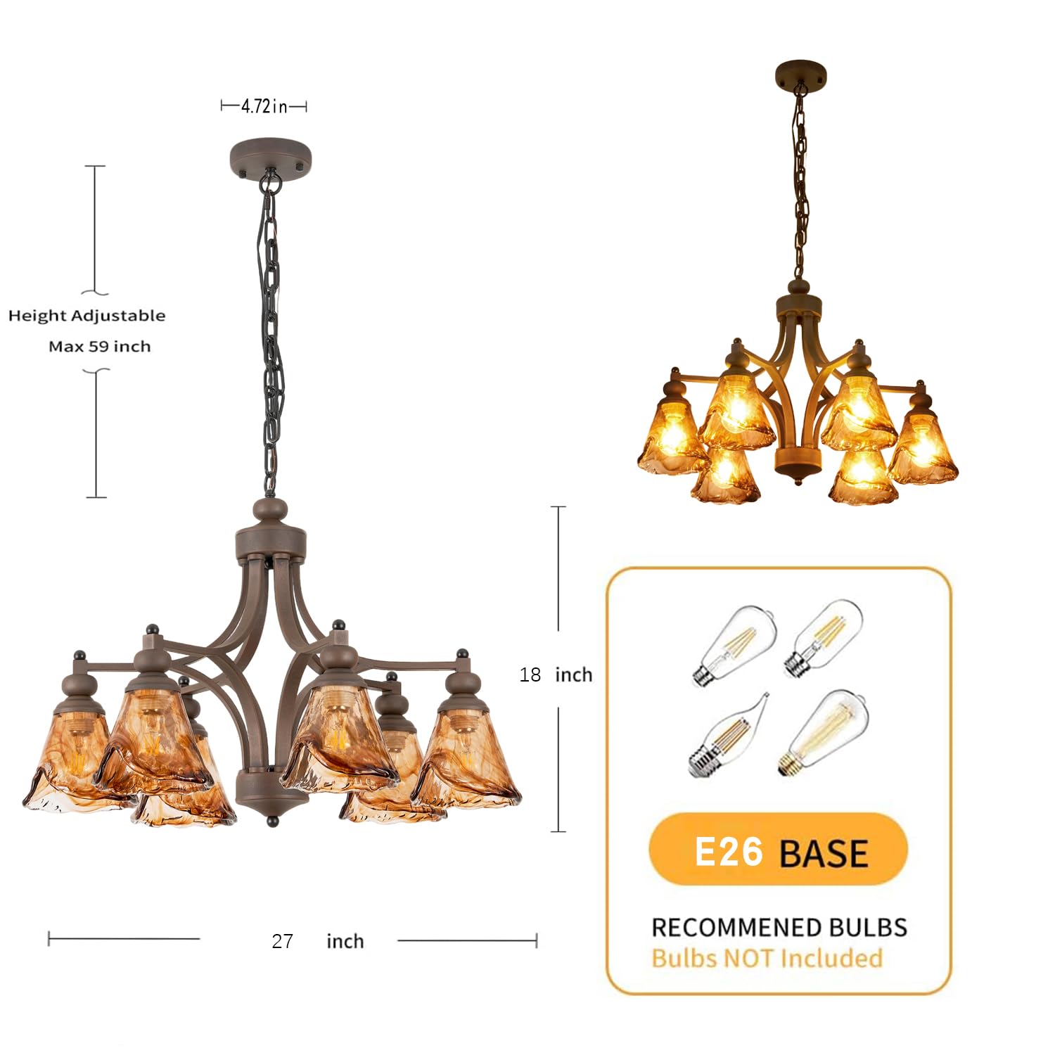 Lanpesting Vintage Farmhouse Chandelier  27 Inch Adjustable Amber Glass Rust-Finish Metal Pendant Light Fixture For Living Room  Bedroom  Dining Room  Kitchen Lighting (6-Light)
