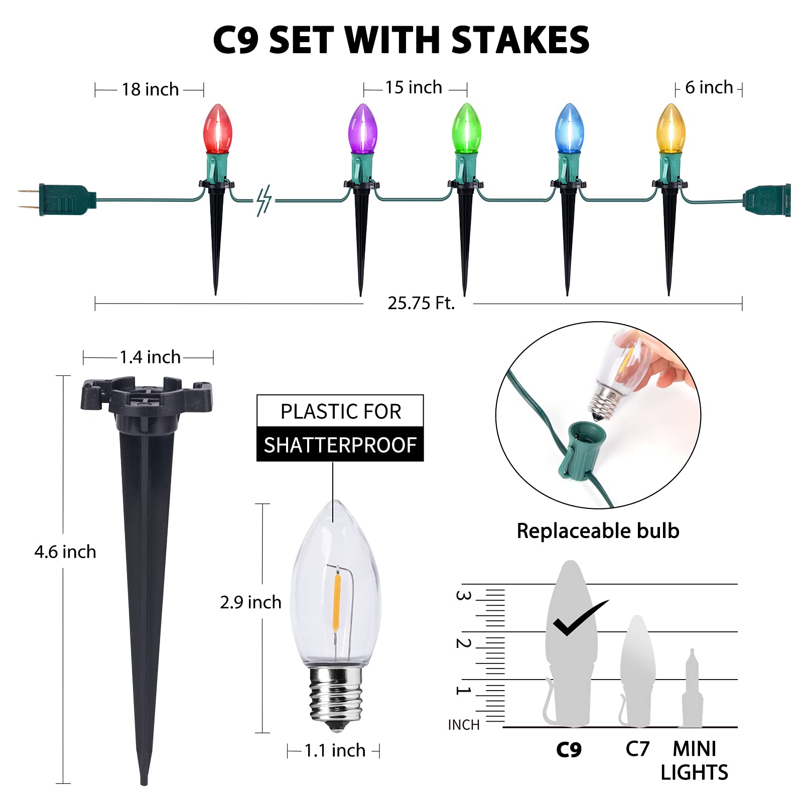 C9 Christmas Pathway String Lights - 2 Pack Total 51.4 Feet 40 Led Lights And 40 Stakes Extendable Waterproof For Outdoor Walkwa