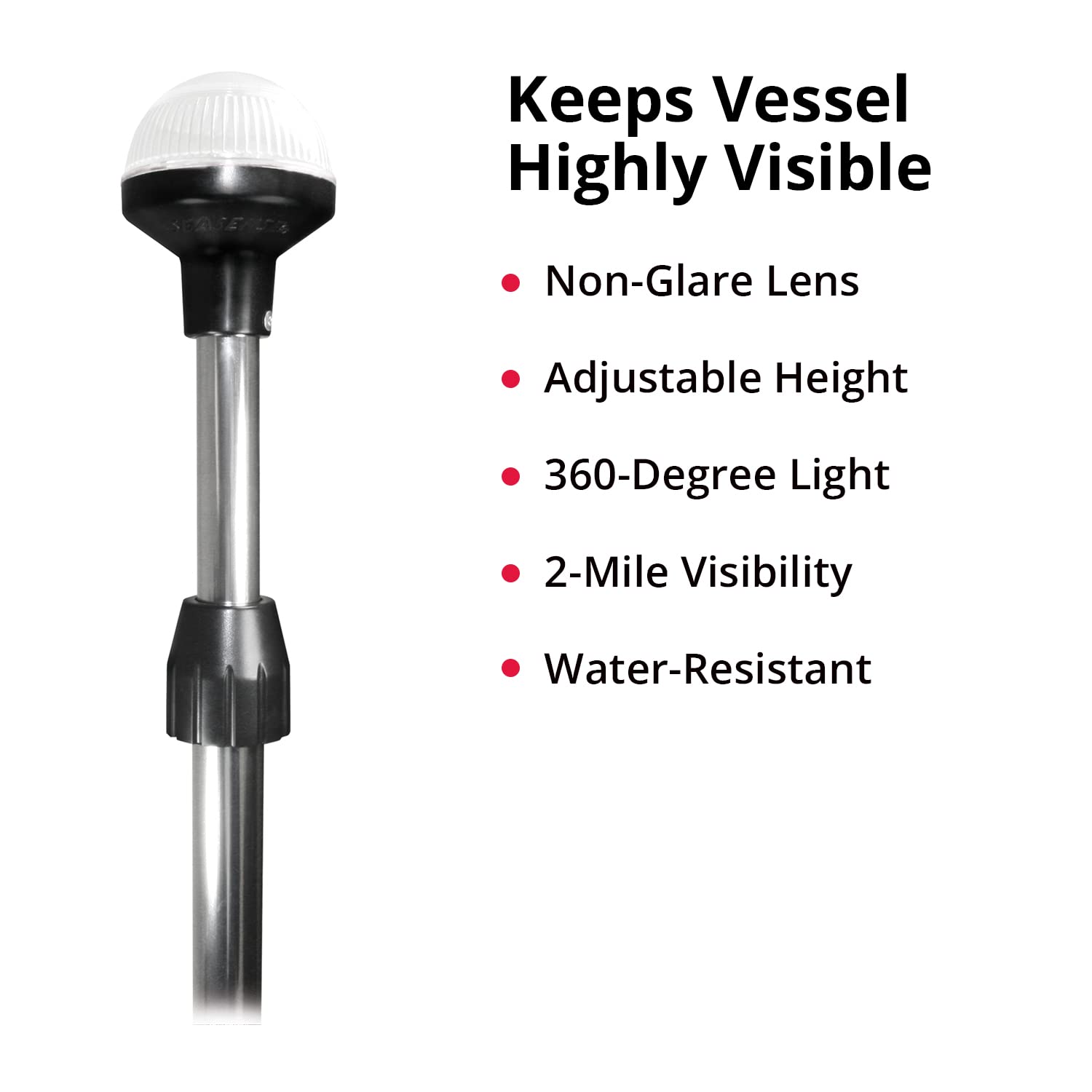 Seasense 26” - 48” Led Stern Light - Range Of 2 Nautical Miles - Easily Adjustable, Stowable Chrome Light For Boats, Kayaks, Canoes, Pontoons & Fishing Vessels Up To 39 Feet (Base Not Included)