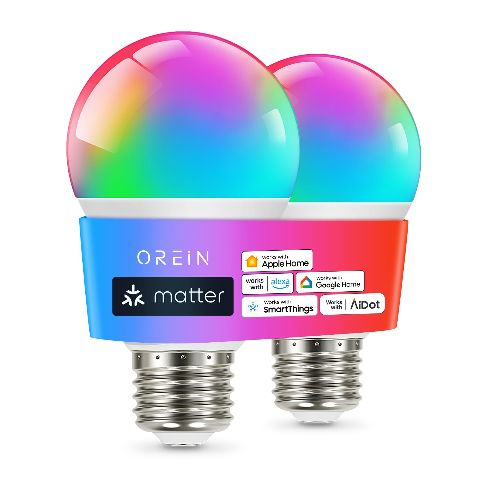 OREiN Matter Smart Light Bulb, Smart Light Bulbs Work with Apple Home, Alexa, Google Home, SmartThings, A19 Color Changing Light Bulbs 2.4Ghz WiFi Only, 800 Lumens Equivalent 60W 2Pack