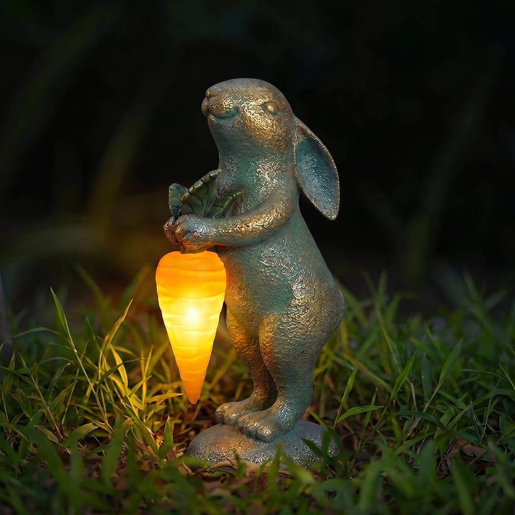 PETAFLOP Cute Garden Decor Bunny Statue with Solar Carrot, Outdoor Rabbit Figurines for Patio Balcony Lawn Porch Yard Decoration