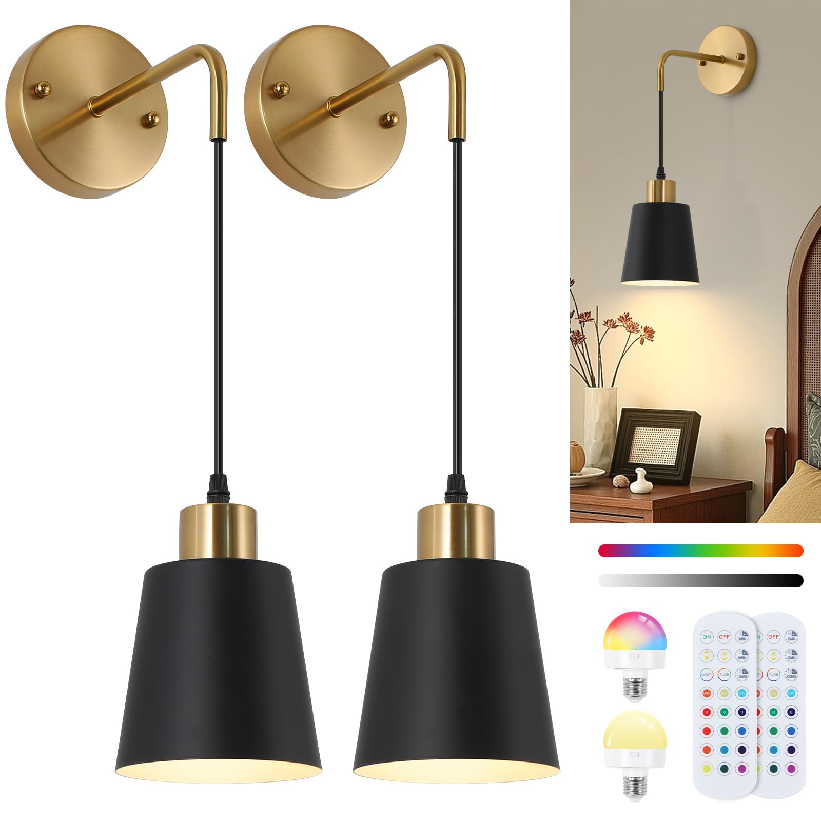 DESGNT Battery Operated Wall Sconces Set of 2,Wireless Wall Sconce with Remote Control,Rechargeable wall Lights with 15 Color Ch