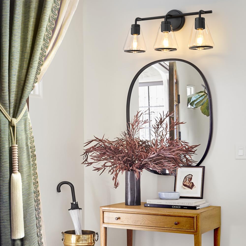 NADOSA Black 3-Light Bathroom Vanity Light Fixture with Clear Glass Shade, Modern Over Mirror Lighting, 22 Inch