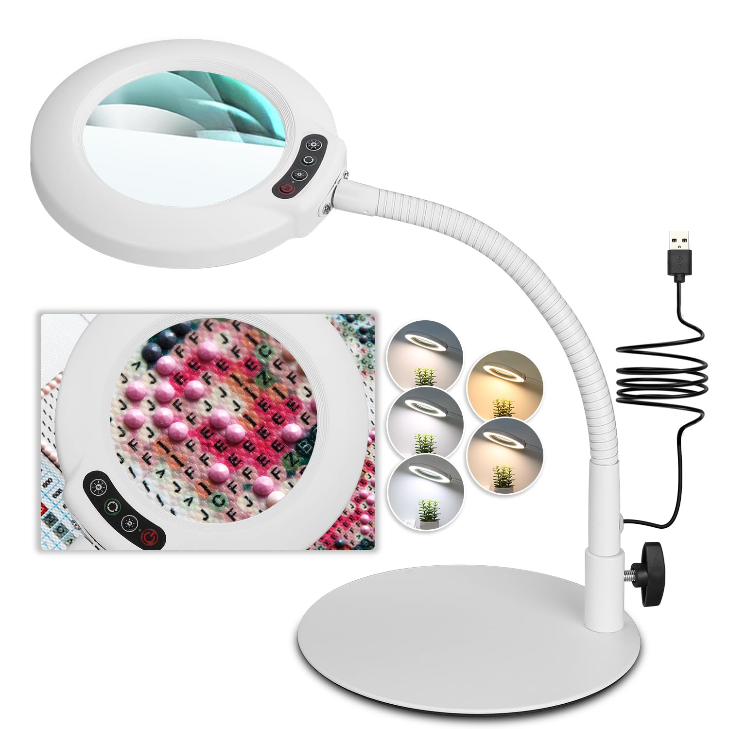 10X Magnifying Glass With Light, 5 Color Modes Stepless Dimmable Flexible Gooseneck Led Hands-Free Desk Lamp, Stand Lighted Magn