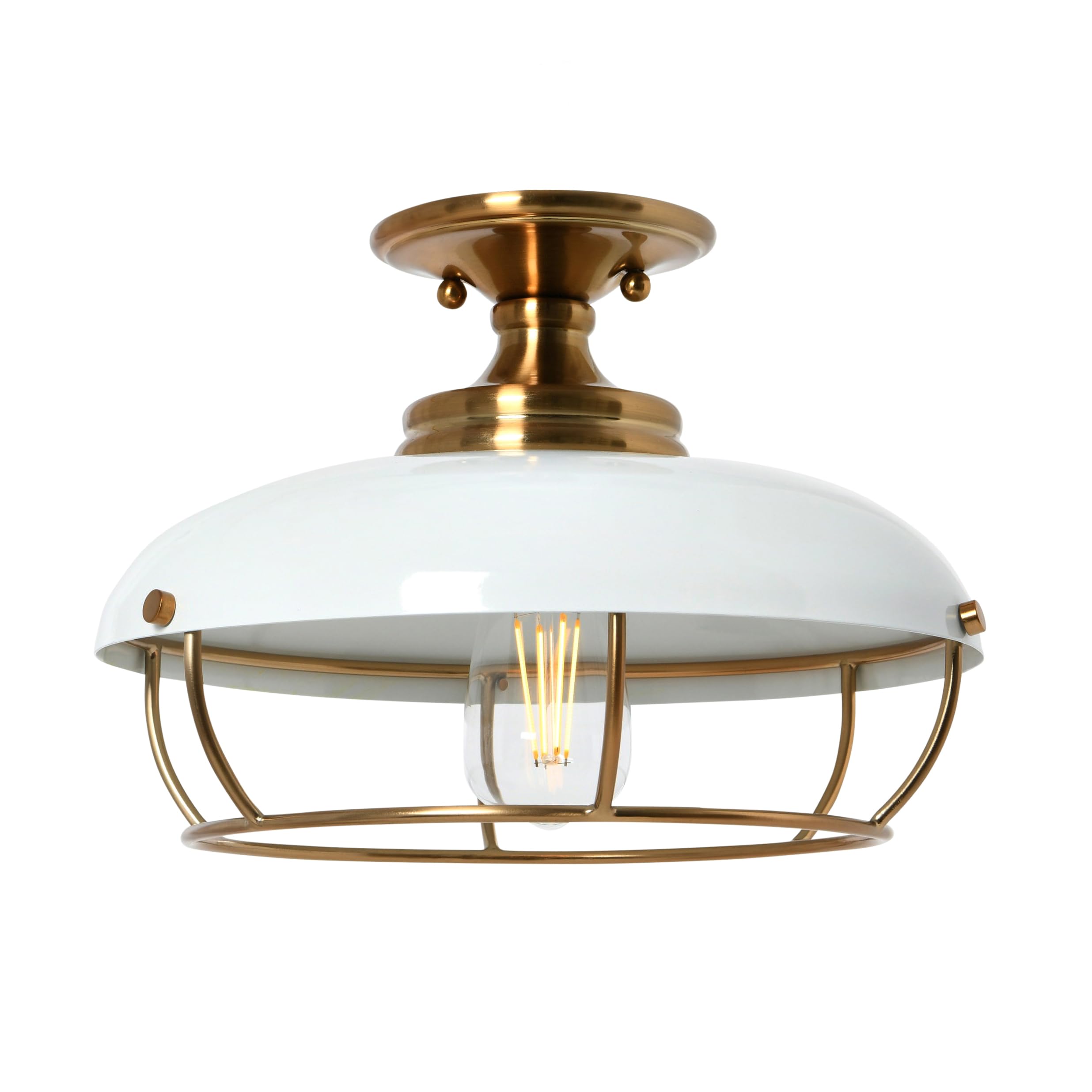 Robert Stevenson Lighting - Presley Caged Dome Metal Semi-Flush Mount Ceiling Light, Brushed Brass And White