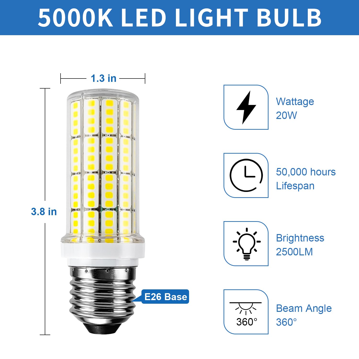 RIUVAO LED Corn Light Bulb 20W E26/E27 Base, 2500 Lumen, 5000K Cool Daylight, Pack of 4, White Light