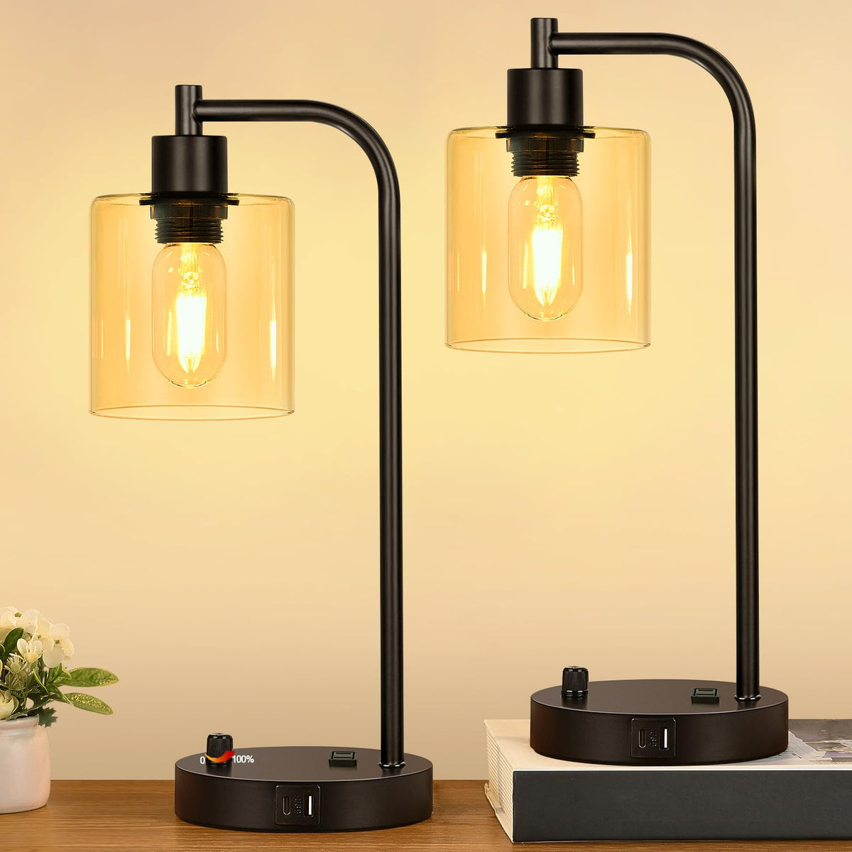 Lynnoland Set Of 2 Industrial Table Lamps With 2 Usb Port, Black Nightstand Desk Lamps With Amber Glass Shade For Reading Living