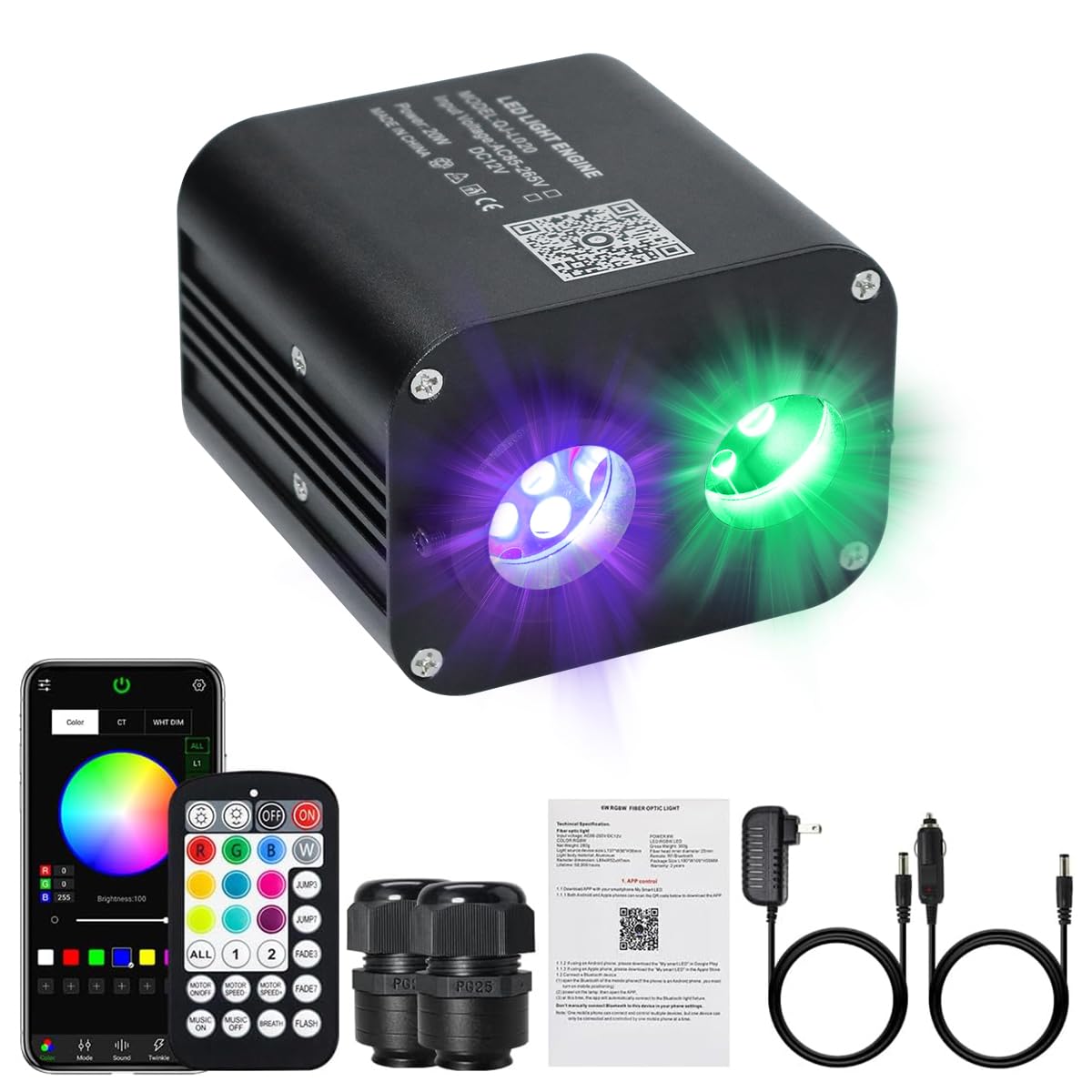 AKEPO 20W Dual-Head Fiber Optic Light Source, RGBW, Twinkle + APP Control, Music Activated, Model QJ-L020