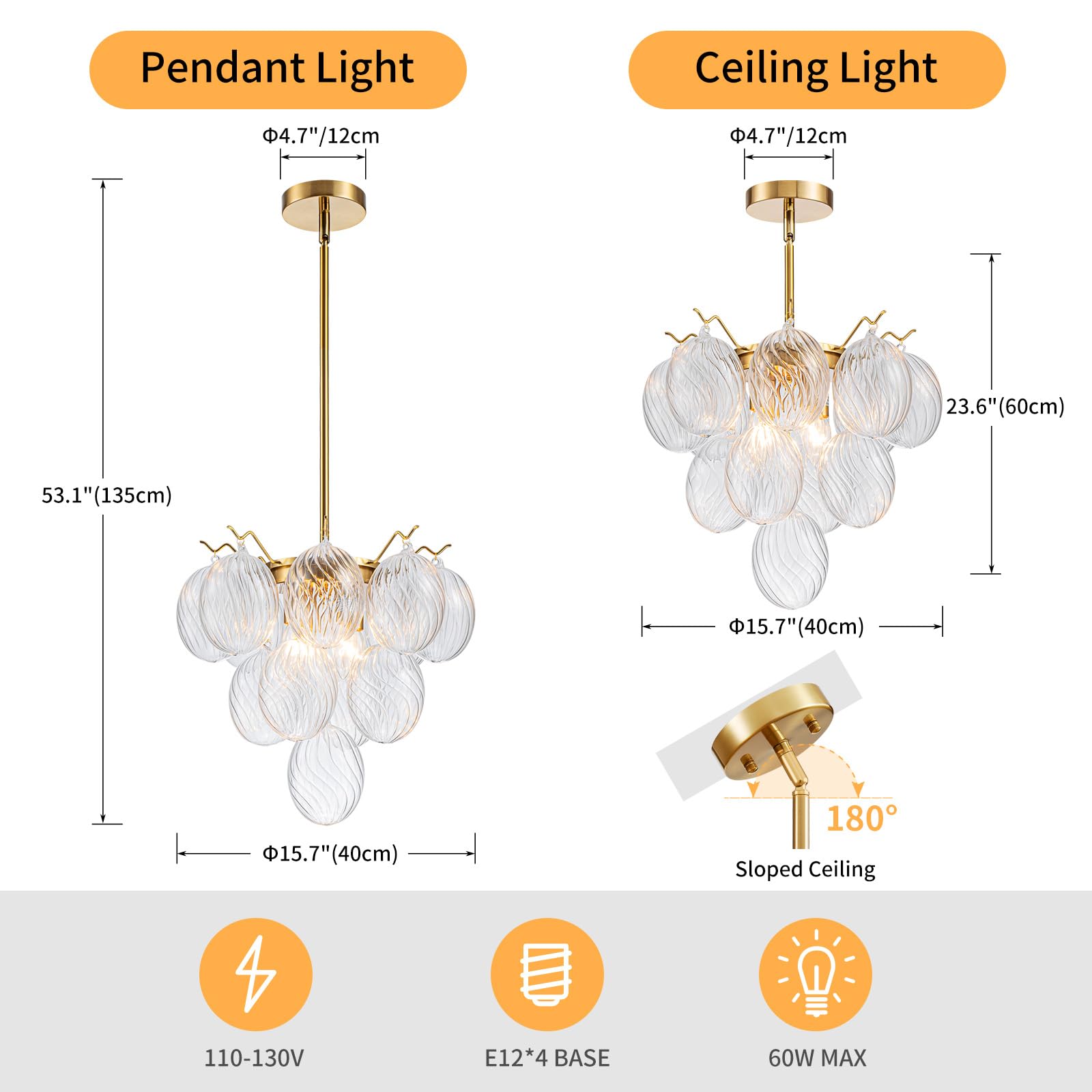 Lumfurn Glass Bubble Chandelier, Modern Pendant Light Fixture For Dining Room, Living Room, Bedroom, D16 X H23.5~53''(Adjustable
